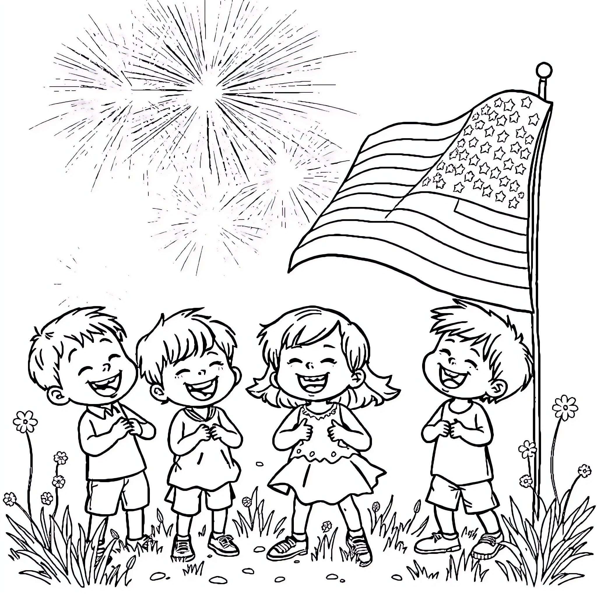 Kid celebrating 4th of July with fireworks and flag Coloring Page (free black-and-white line drawing printable PDF for all, from beginners to advanced learners, including children, teens, adults, and seniors)