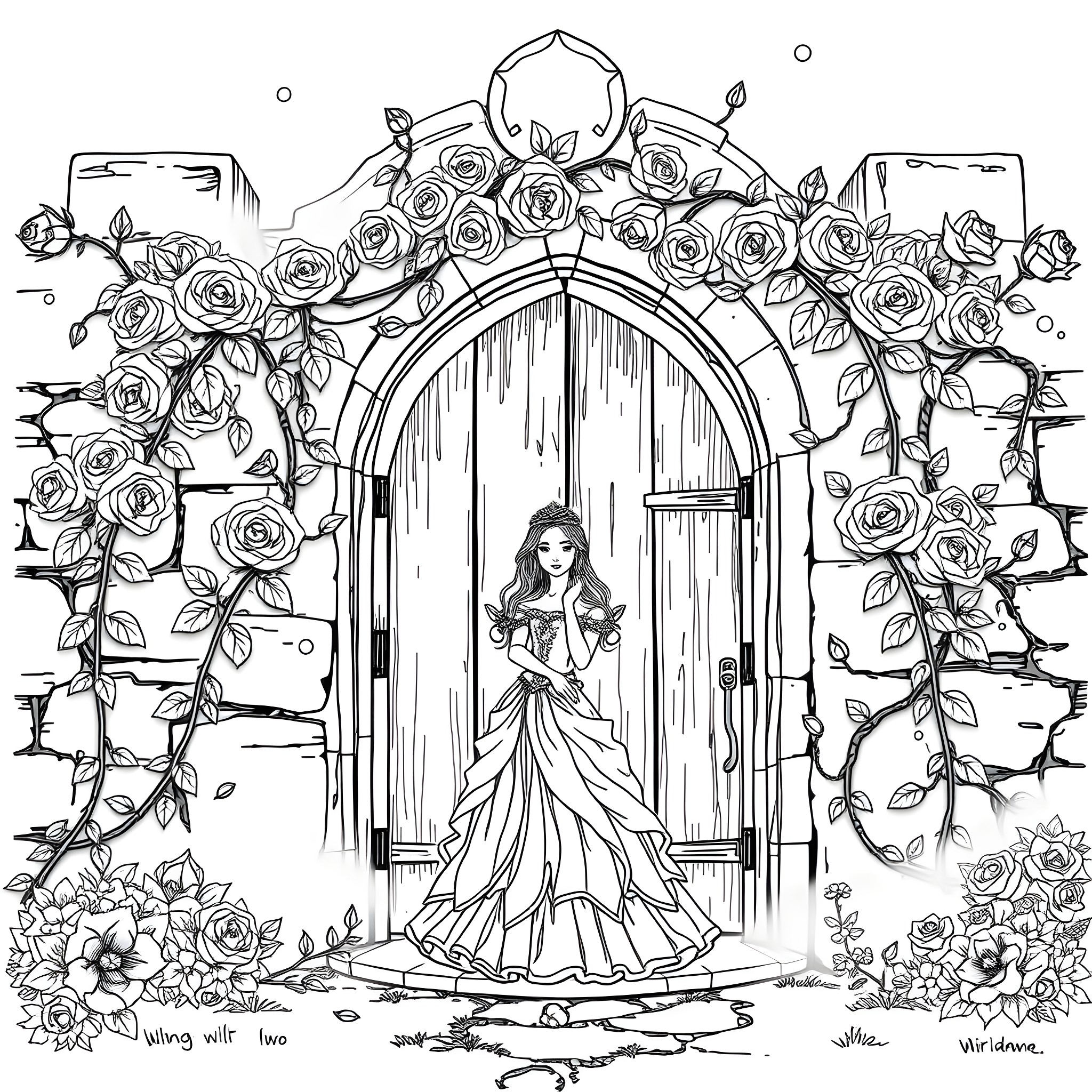 Princess in a rose-adorned doorway Coloring Page (free black-and-white line drawing printable PDF for all, from beginners to advanced learners, including children, teens, adults, and seniors)