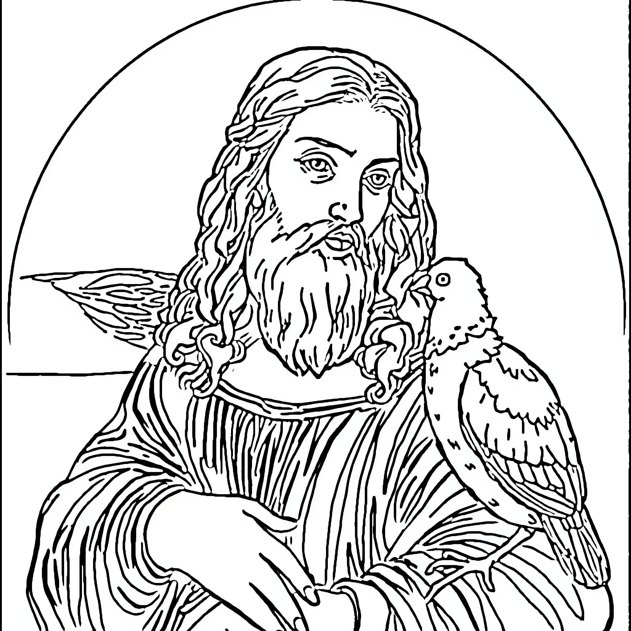 Mona Lisa with a Mystical Companion Coloring Page (free black-and-white line drawing printable PDF for all, from beginners to advanced learners, including children, teens, adults, and seniors)