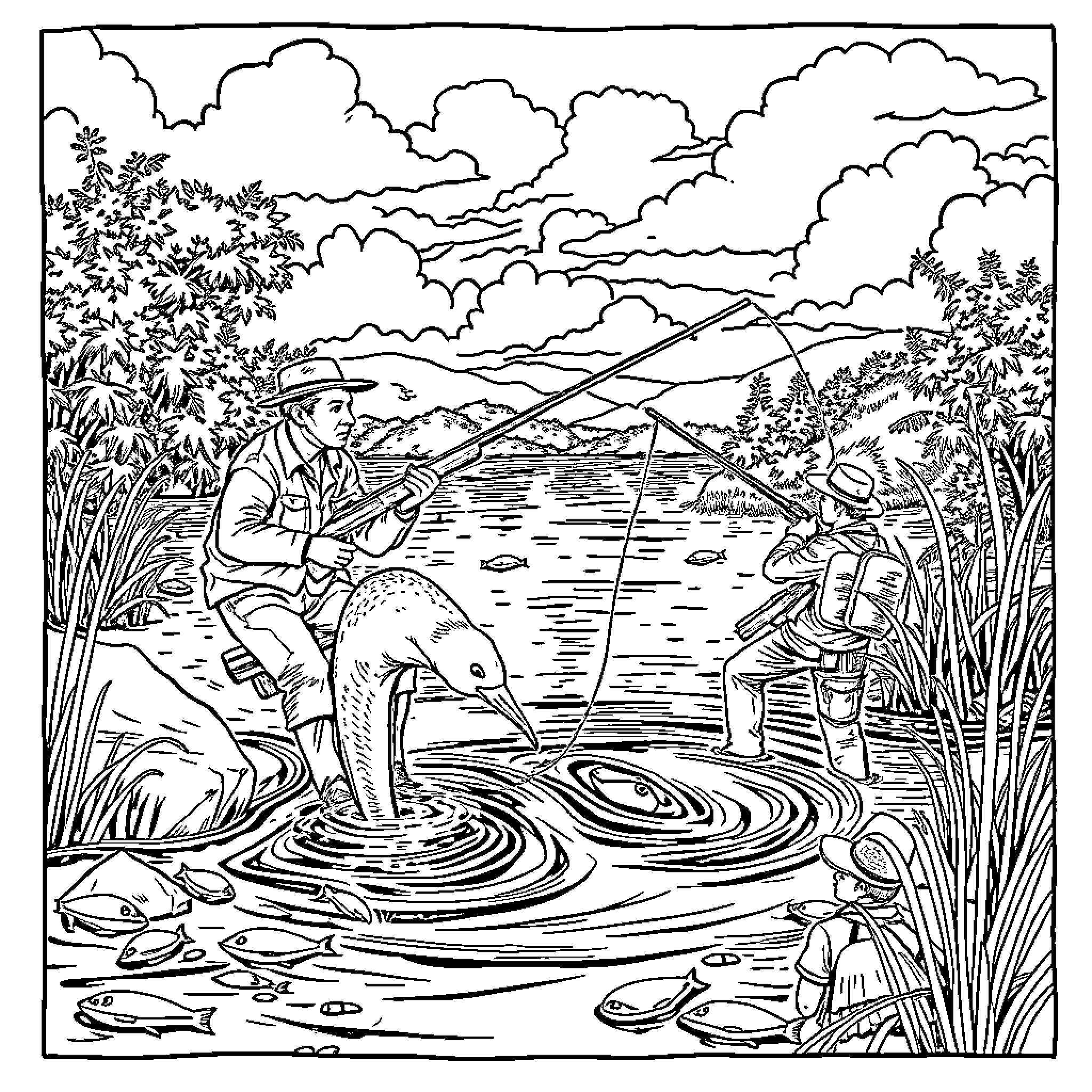 Cazador Fishing in Tranquil River Coloring Page (free black-and-white line drawing printable PDF for all, from beginners to advanced learners, including children, teens, adults, and seniors)