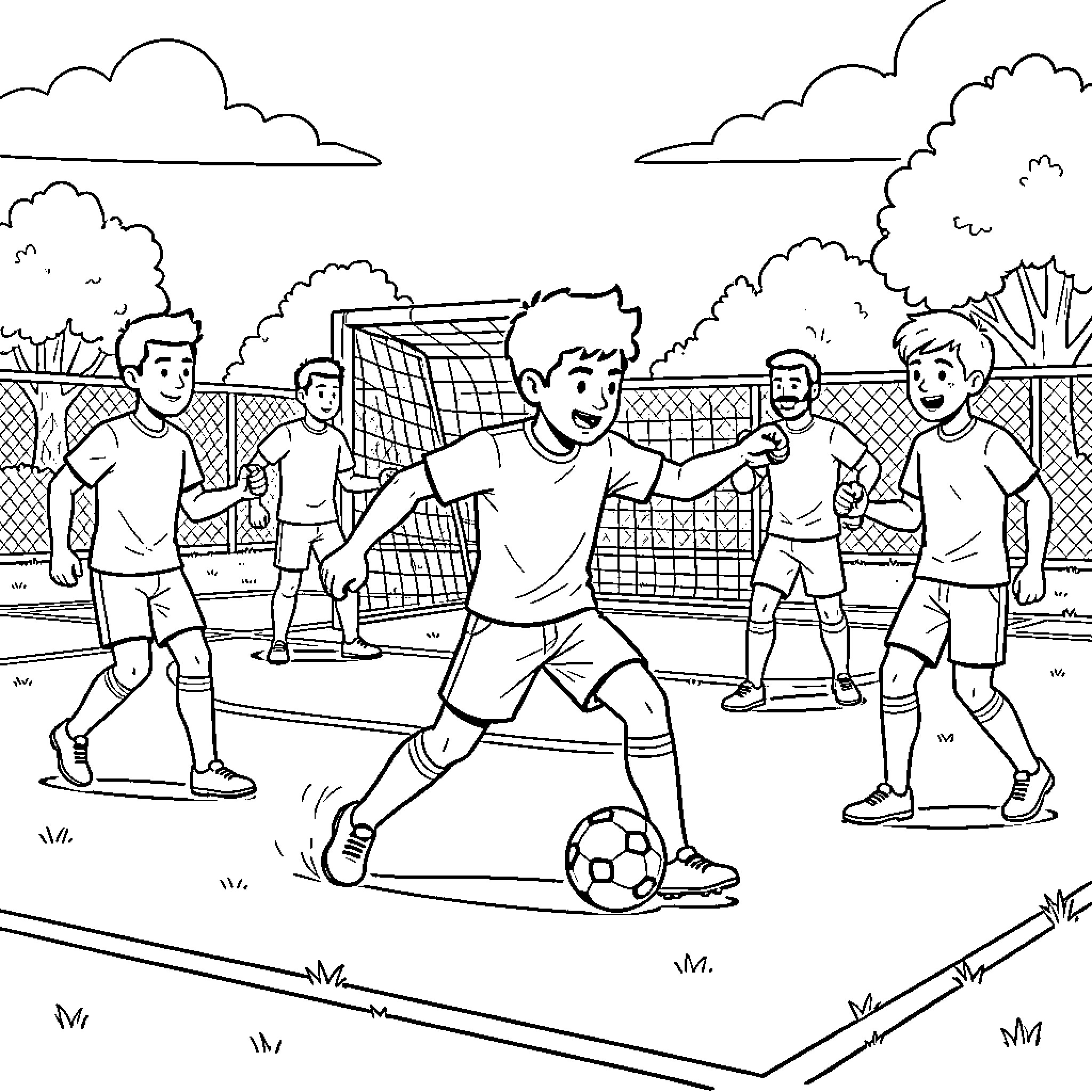 Irodeman children playing soccer in a field Coloring Page (free black-and-white line drawing printable PDF for all, from beginners to advanced learners, including children, teens, adults, and seniors)