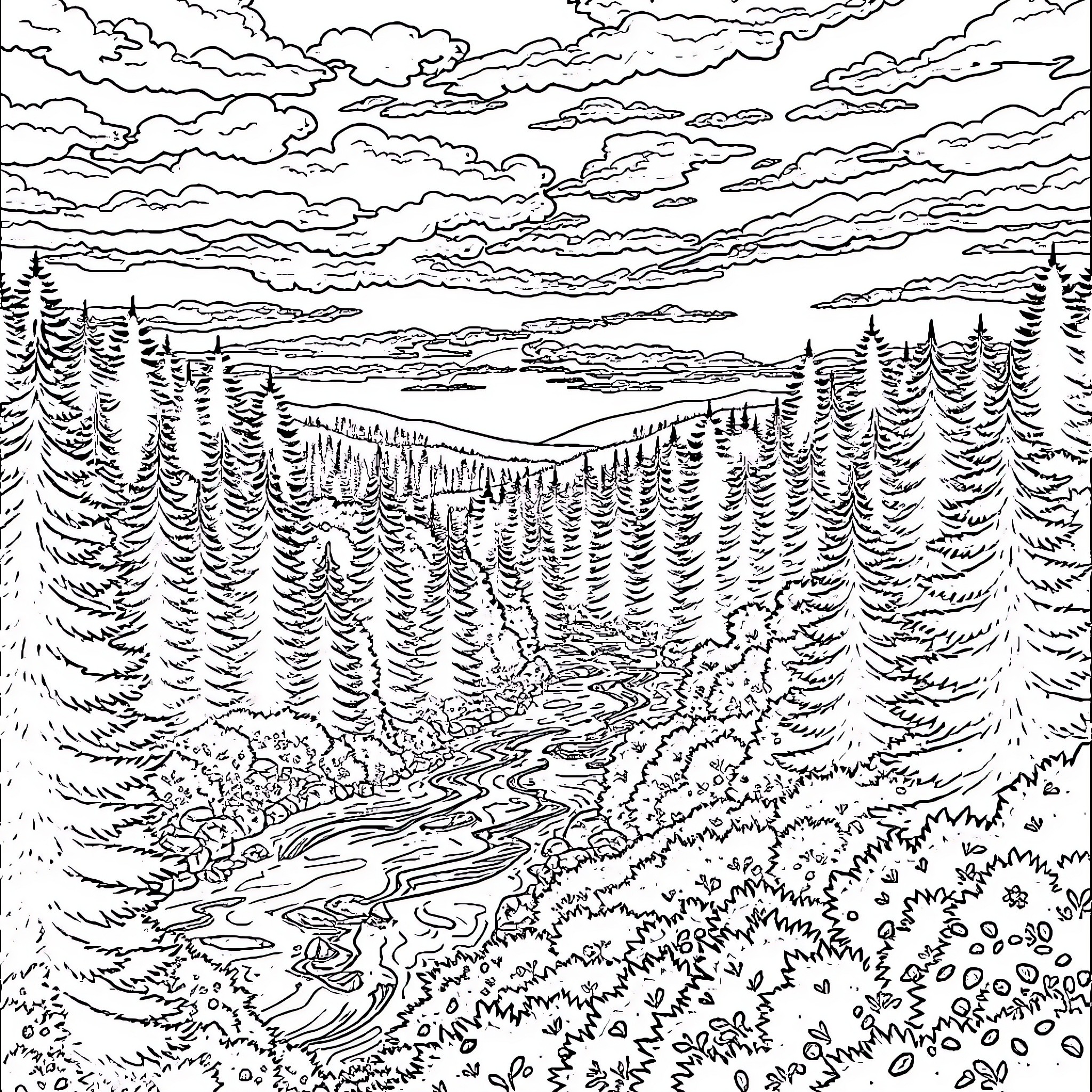 Forest Landscape with Winding River and Cloudy Sky Coloring Page (free black-and-white line drawing printable PDF for all, from beginners to advanced learners, including children, teens, adults, and seniors)