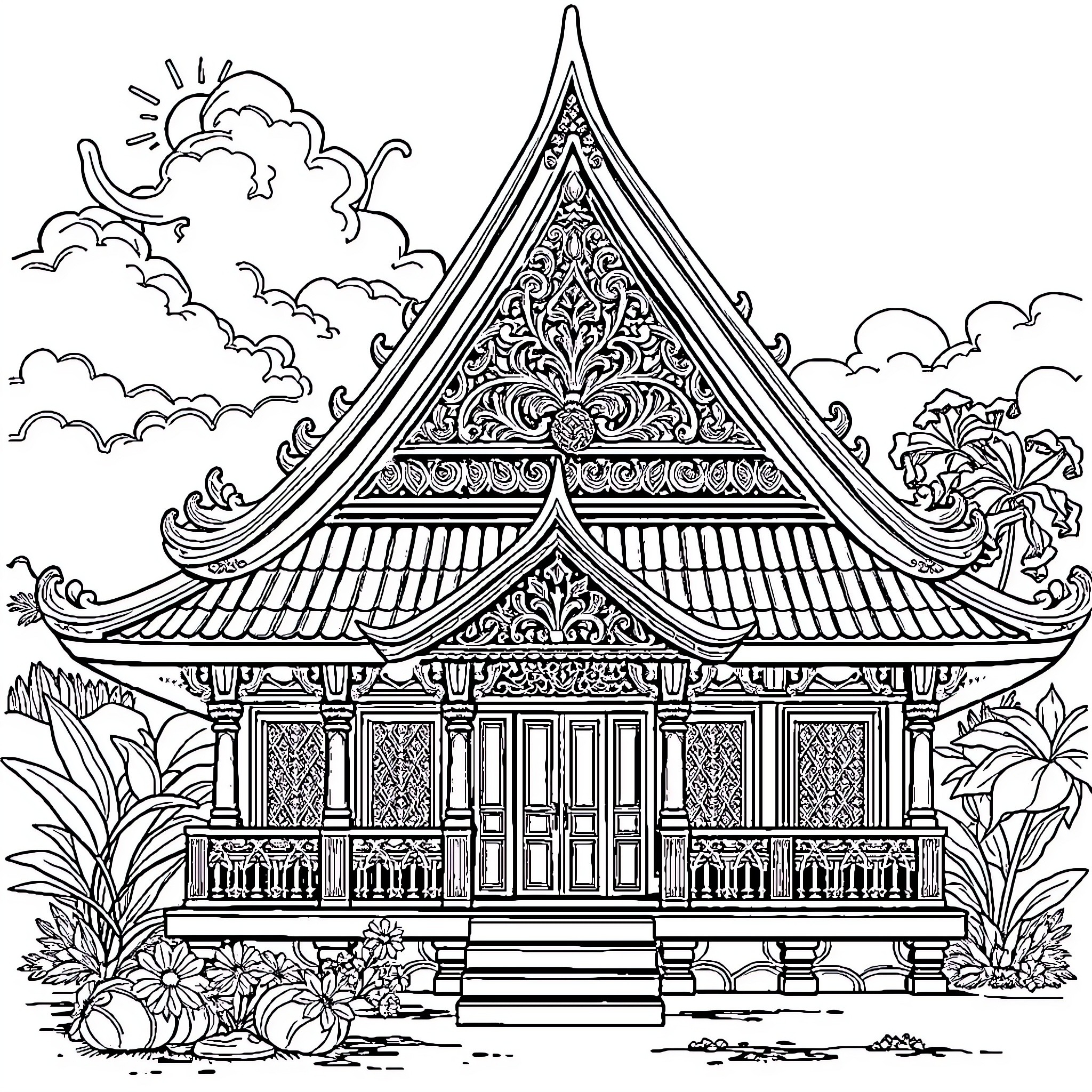 Traditional House with Ornate Roof and Tropical Surroundings Coloring Page (free black-and-white line drawing printable PDF for all, from beginners to advanced learners, including children, teens, adults, and seniors)