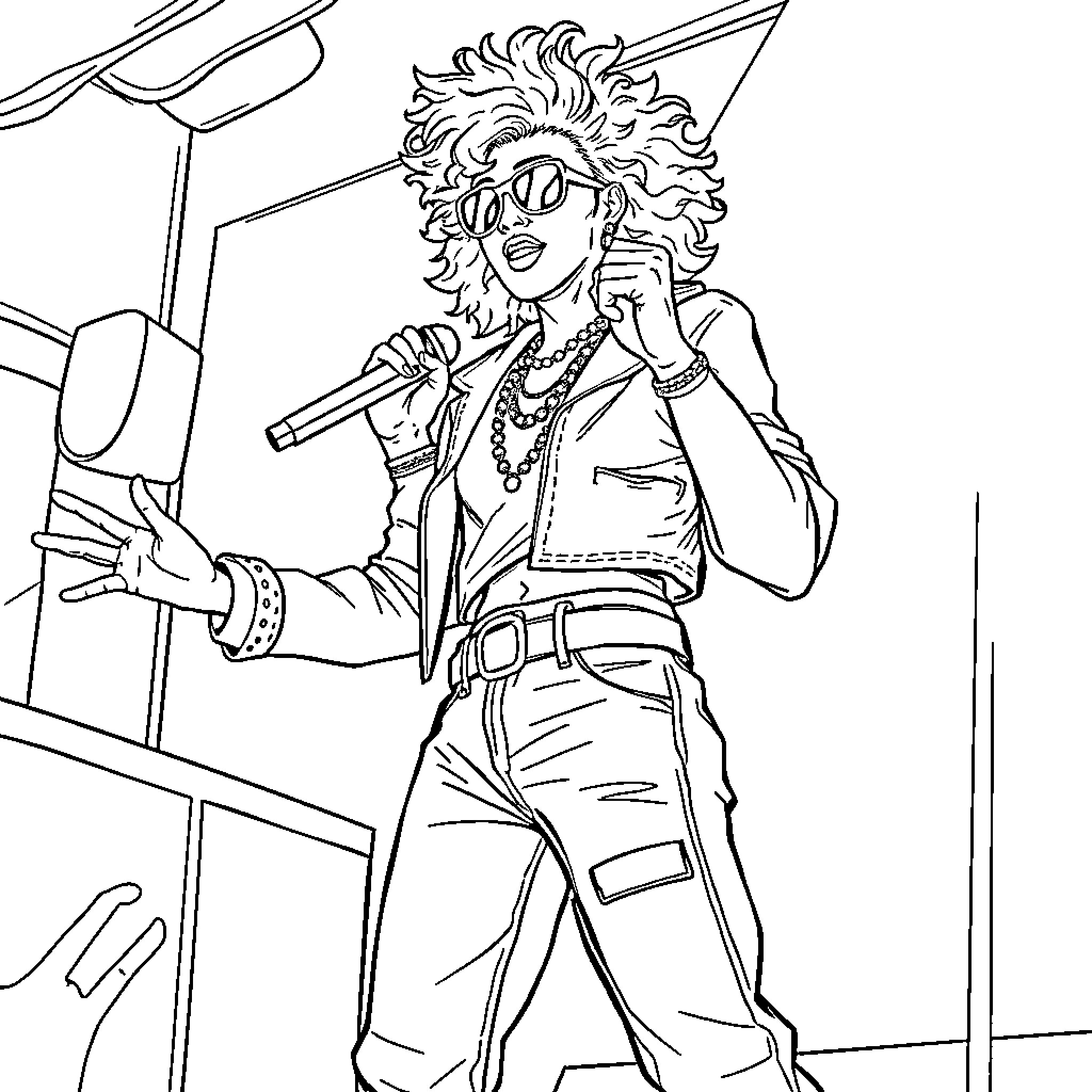Ice Spice Performing on Stage with Passion Coloring Page (free black-and-white line drawing printable PDF for all, from beginners to advanced learners, including children, teens, adults, and seniors)