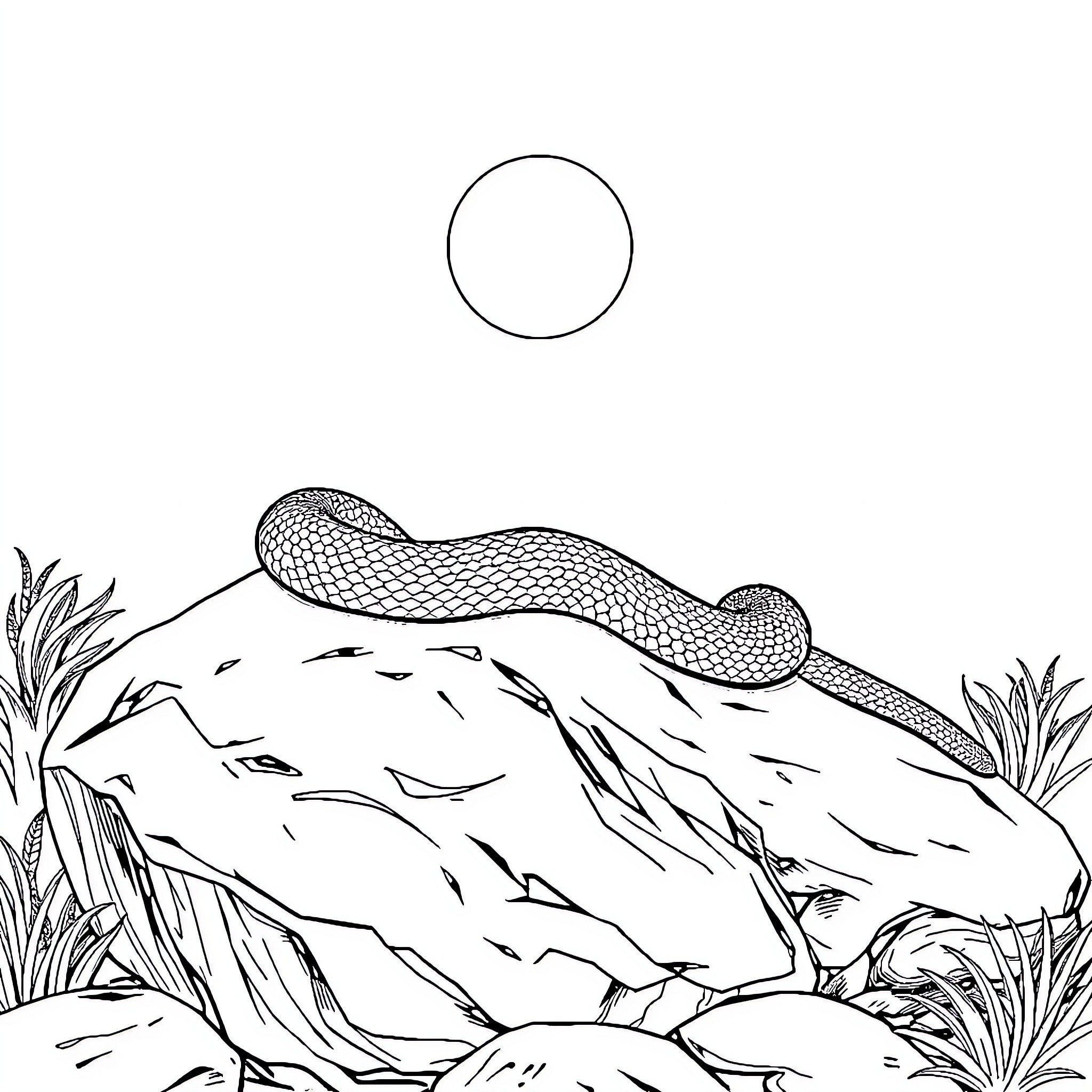 Snake slithering through the wilderness Coloring Page (free black-and-white line drawing printable PDF for all, from beginners to advanced learners, including children, teens, adults, and seniors)