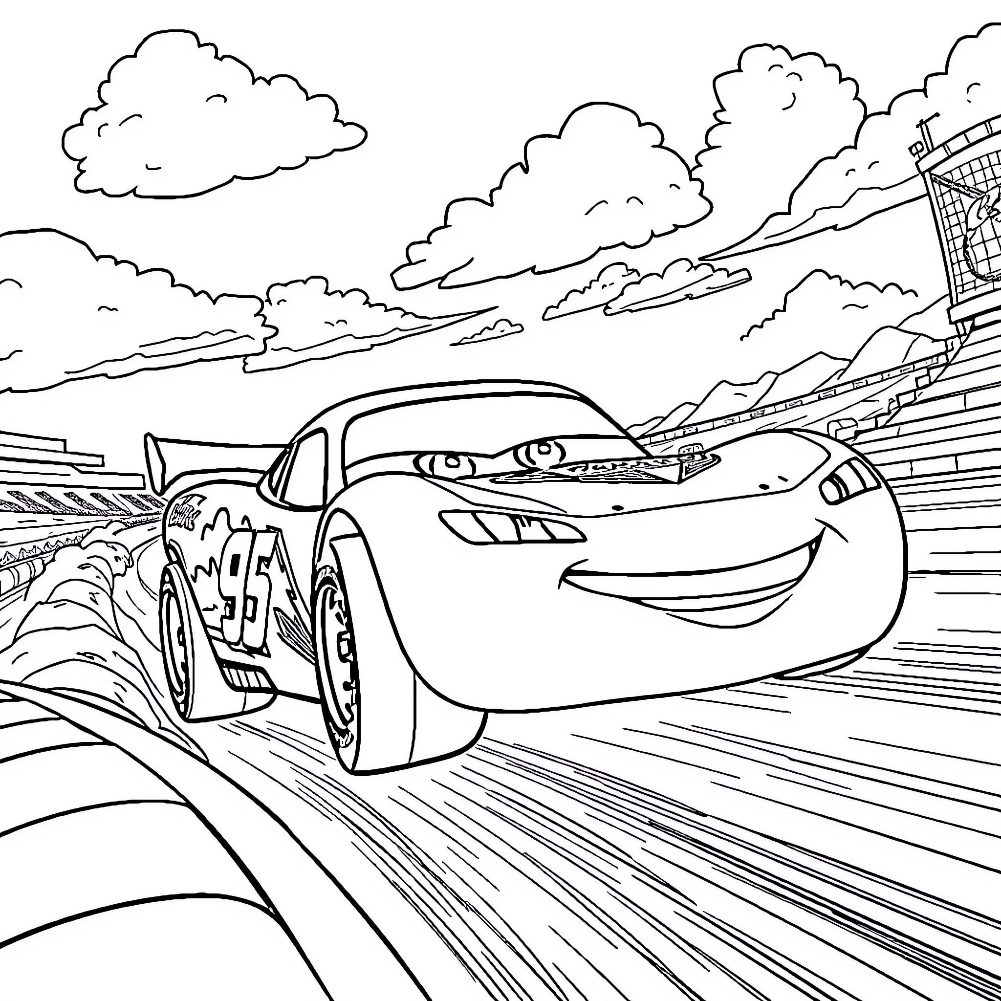 Cars speeding down the racetrack in the clouds Coloring Page (free black-and-white line drawing printable PDF for all, from beginners to advanced learners, including children, teens, adults, and seniors)