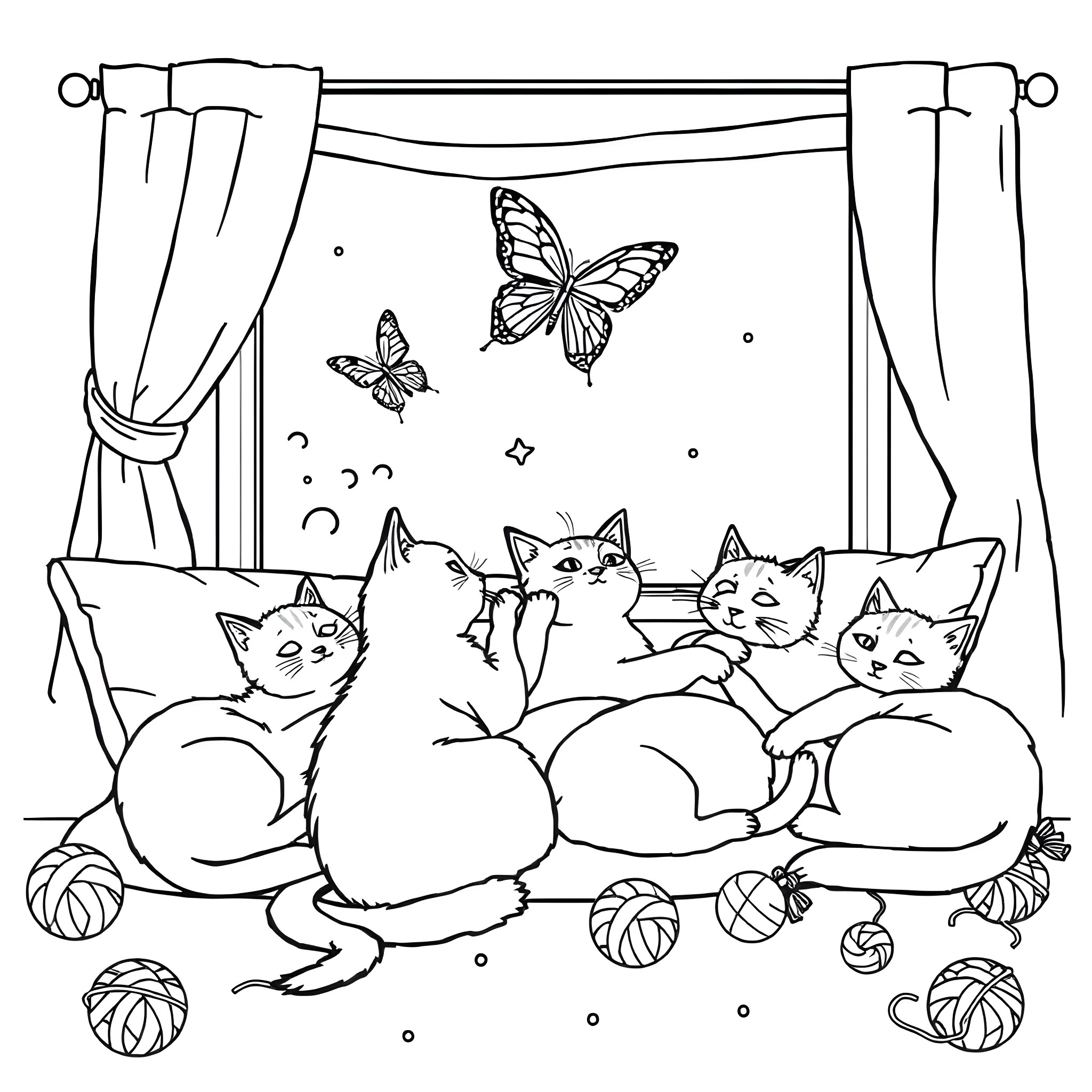 Cat Kittens Playing Surrounded by Butterflies Coloring Page (free black-and-white line drawing printable PDF for all, from beginners to advanced learners, including children, teens, adults, and seniors)