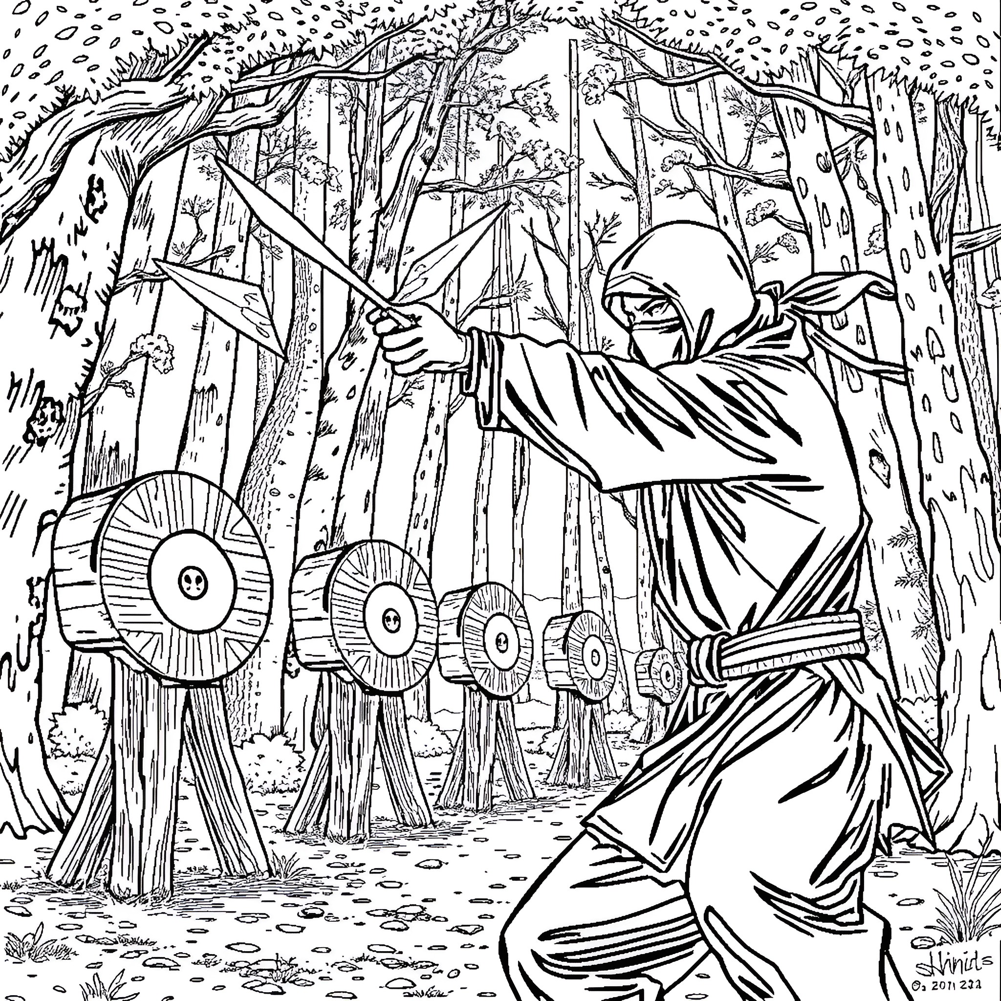 Ninja Warrior Engaging in Skilled Maneuvers in the Forest Coloring Page (free black-and-white line drawing printable PDF for all, from beginners to advanced learners, including children, teens, adults, and seniors)