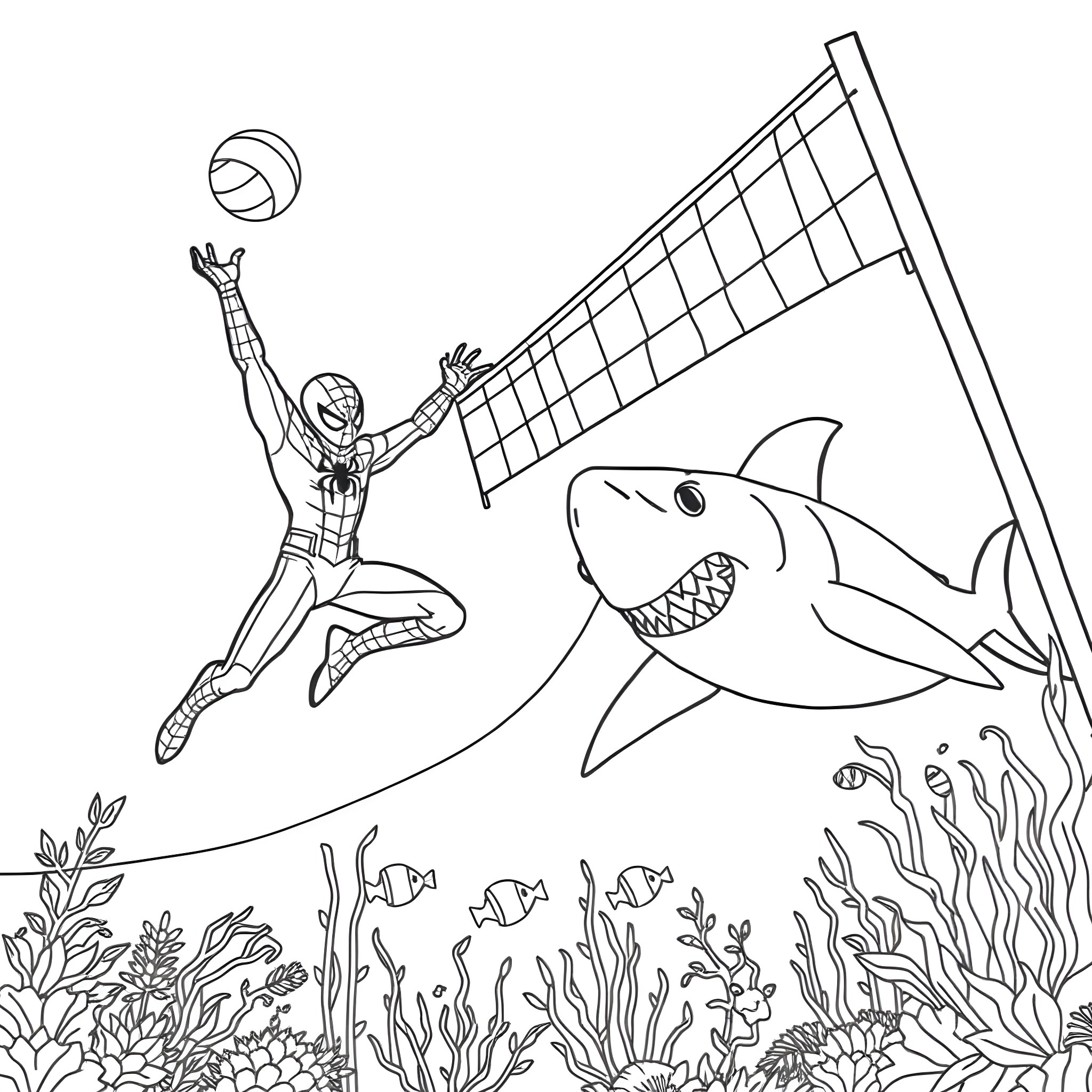 Spiderman Leaping and Spiking a Volleyball in the Ocean Coloring Page (free black-and-white line drawing printable PDF for all, from beginners to advanced learners, including children, teens, adults, and seniors)