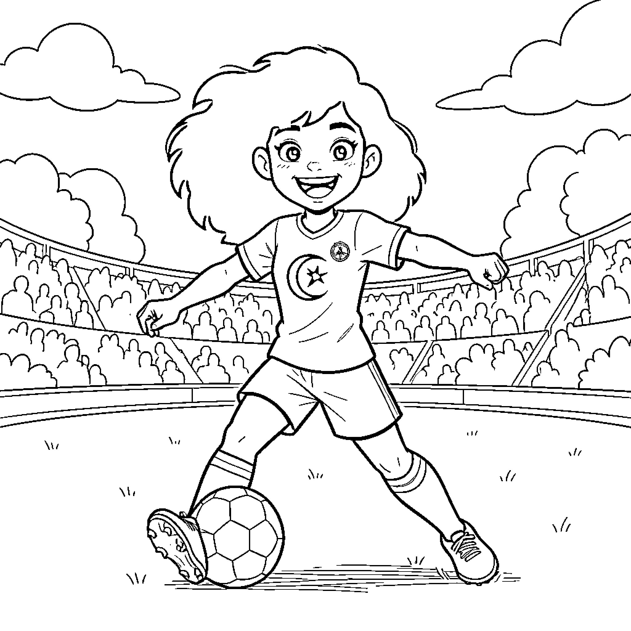 Vaiana playing soccer in a crowded stadium Coloring Page (free black-and-white line drawing printable PDF for all, from beginners to advanced learners, including children, teens, adults, and seniors)