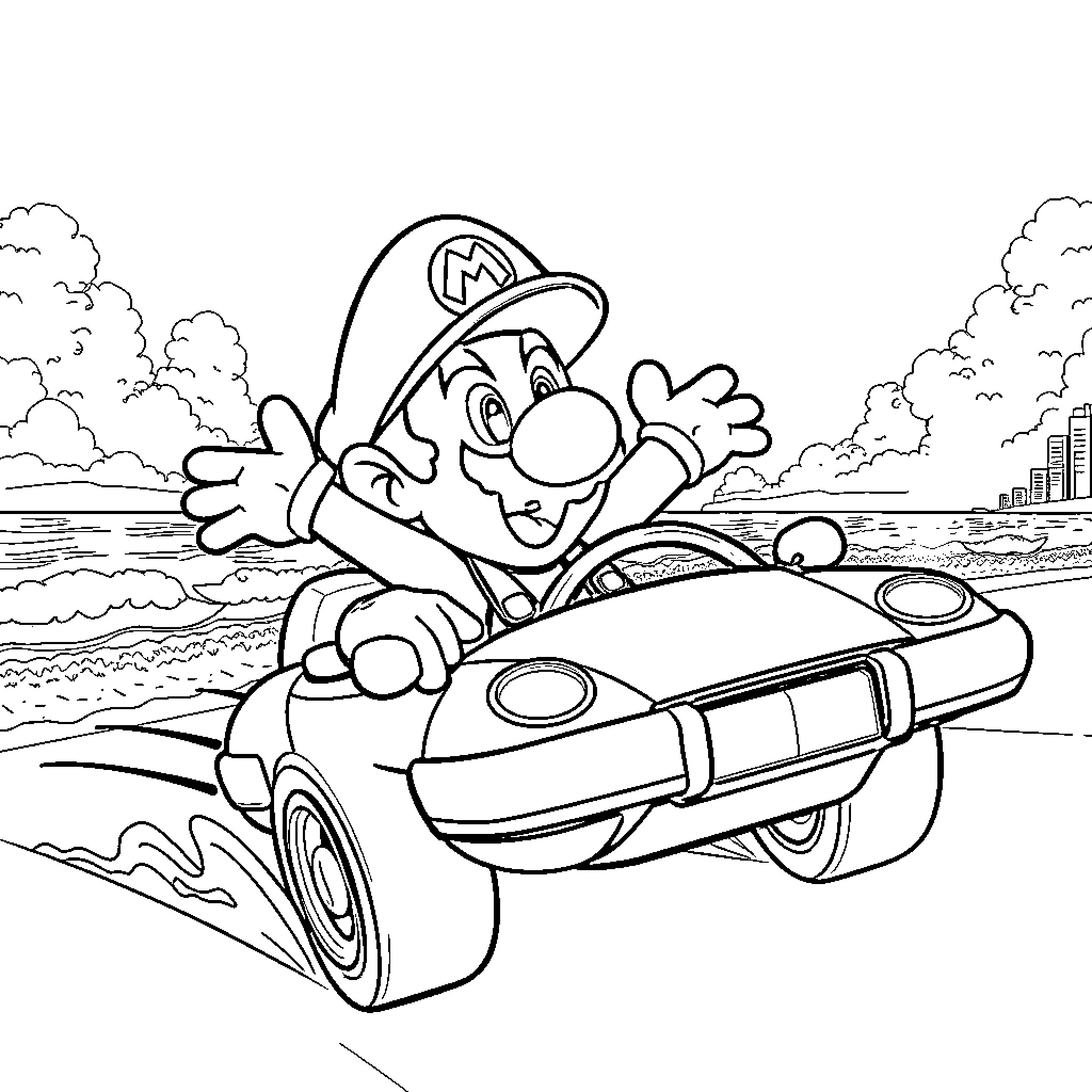 Mario Driving Playfully in Kart Coloring Page (free black-and-white line drawing printable PDF for all, from beginners to advanced learners, including children, teens, adults, and seniors)