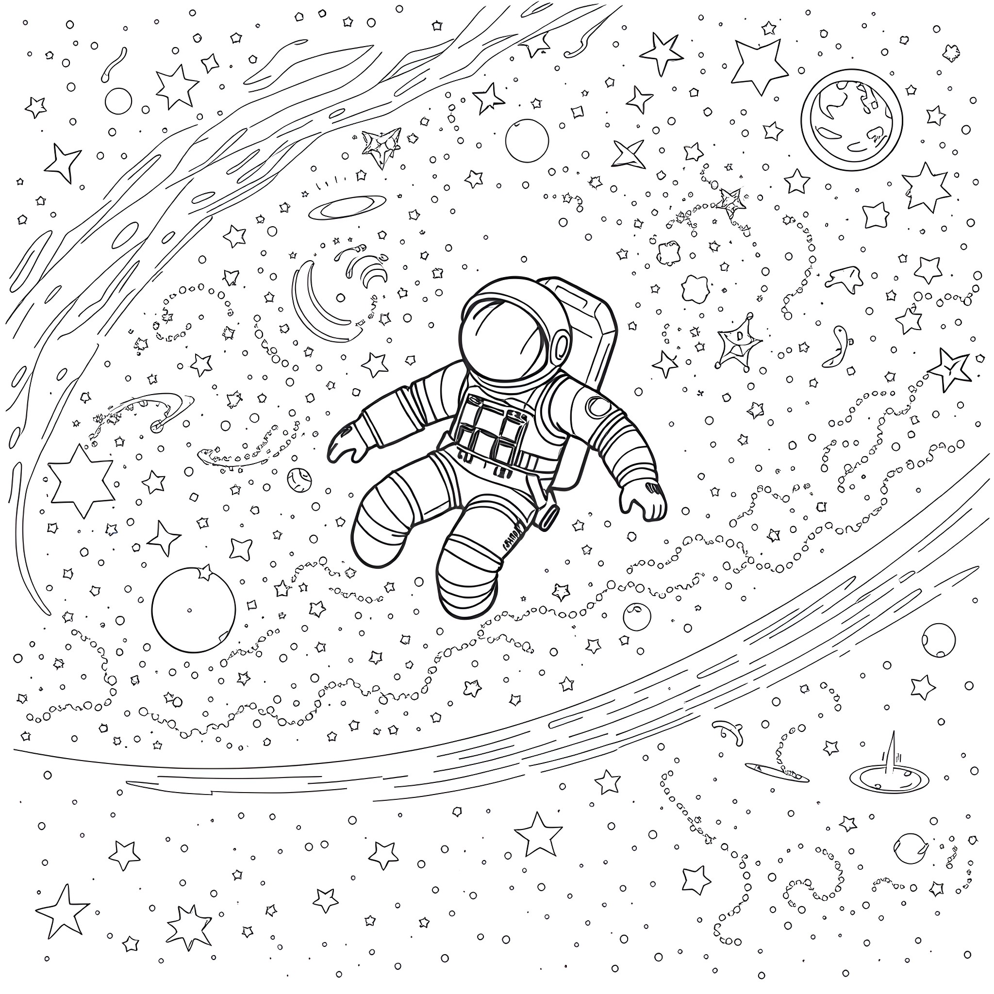 Astronaut floating in space among stars and planets Coloring Page (free black-and-white line drawing printable PDF for all, from beginners to advanced learners, including children, teens, adults, and seniors)