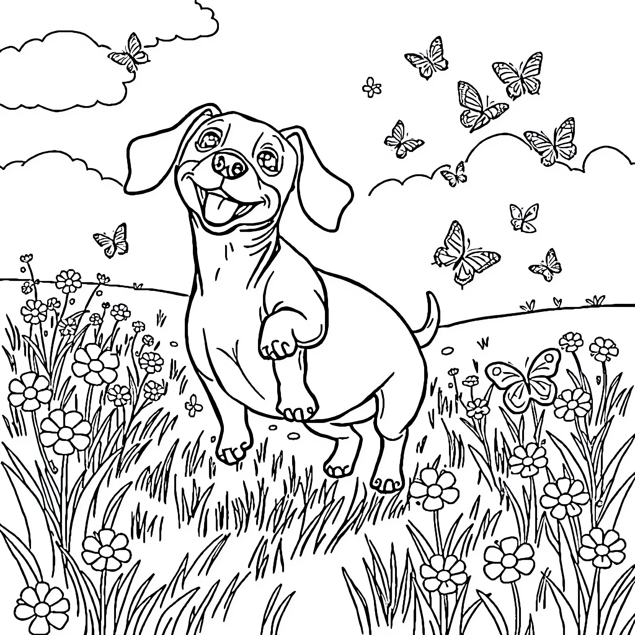 Dachshund exploring a floral meadow with butterflies Coloring Page (free black-and-white line drawing printable PDF for all, from beginners to advanced learners, including children, teens, adults, and seniors)