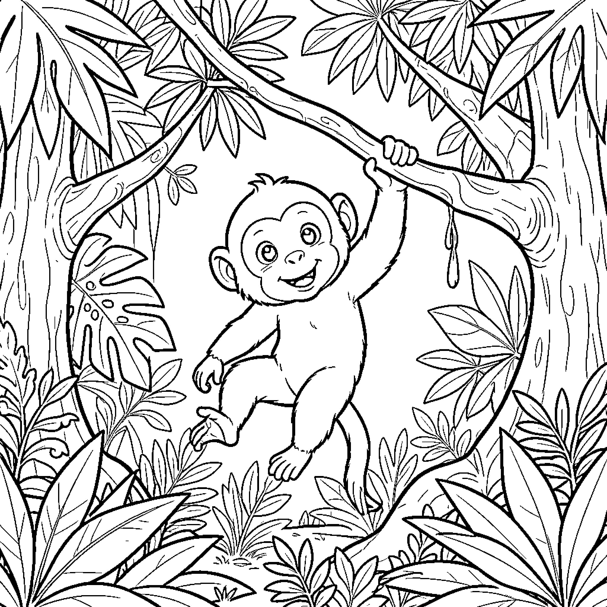 Monkey playing happily in the jungle Coloring Page (free black-and-white line drawing printable PDF for all, from beginners to advanced learners, including children, teens, adults, and seniors)