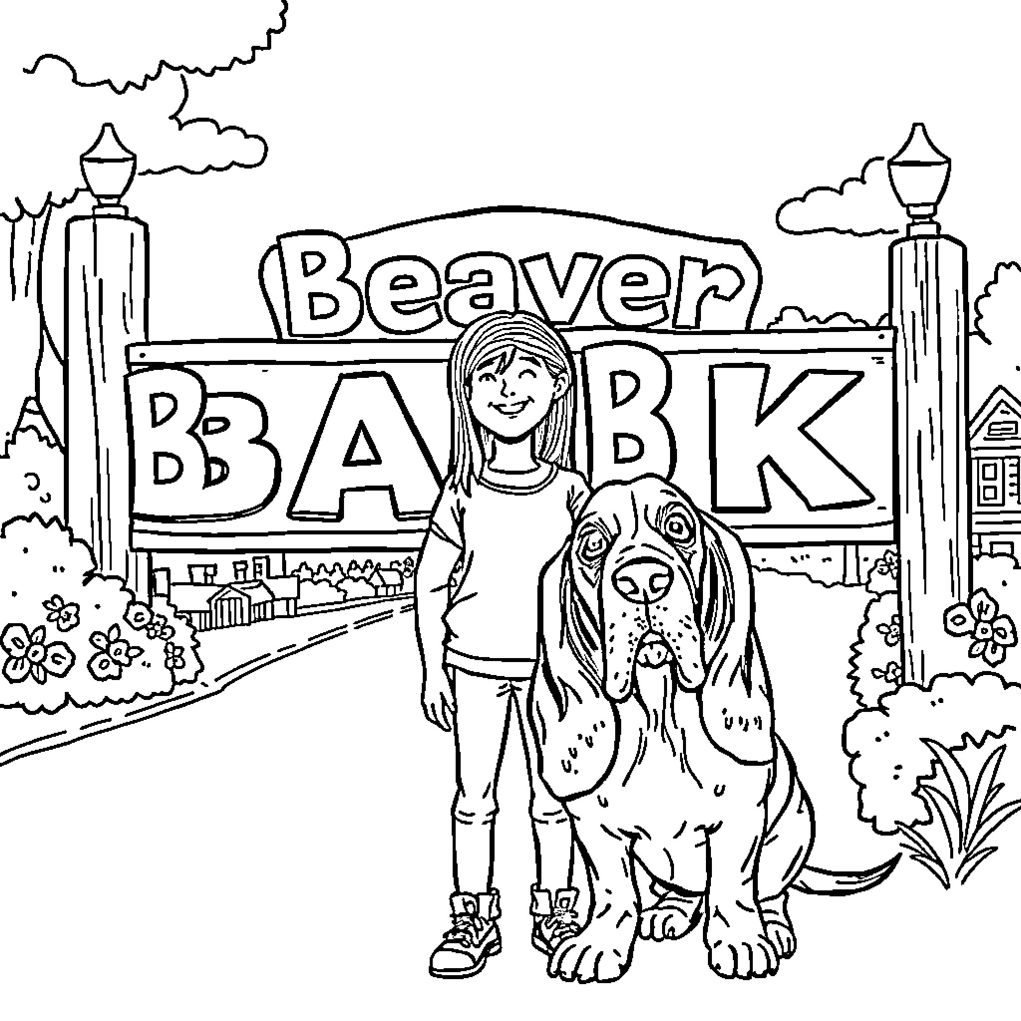 Girl and her dog exploring Beaver Bank Coloring Page (free black-and-white line drawing printable PDF for all, from beginners to advanced learners, including children, teens, adults, and seniors)