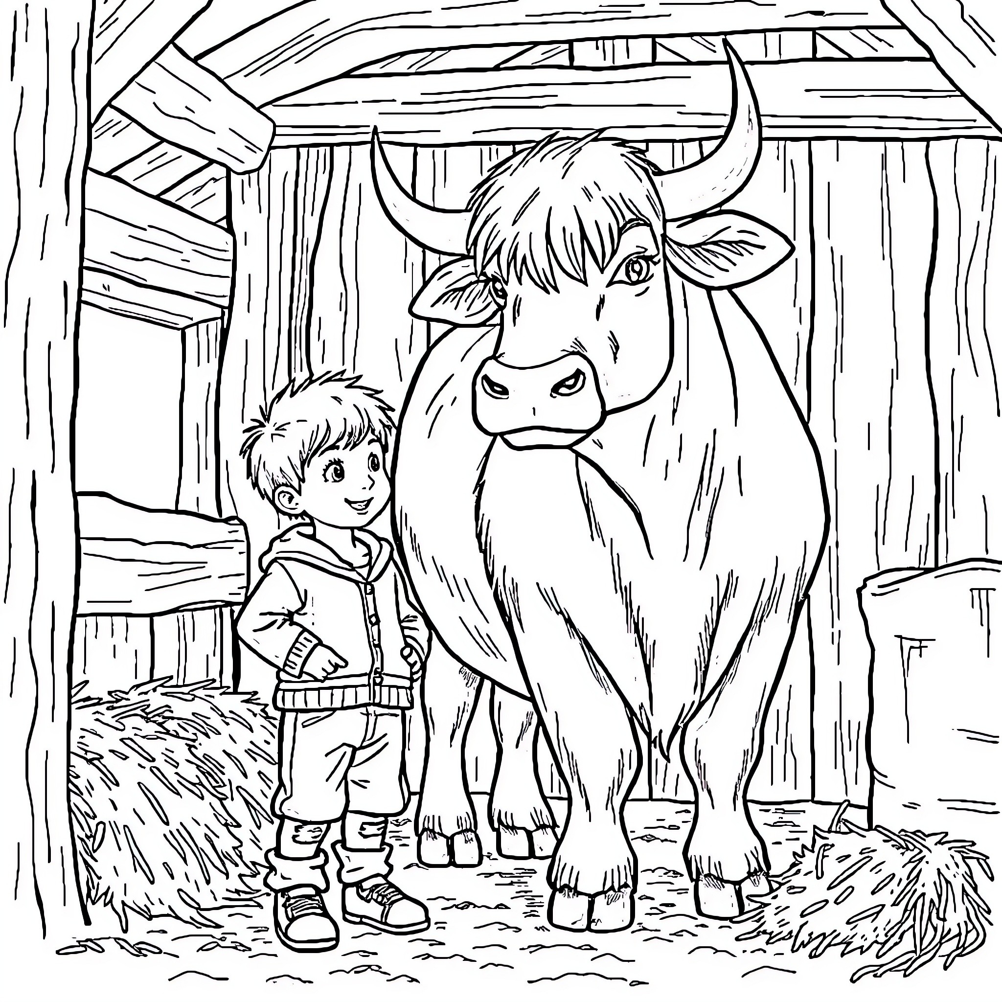 Boy meets friendly cow in barn Coloring Page (free black-and-white line drawing printable PDF for all, from beginners to advanced learners, including children, teens, adults, and seniors)