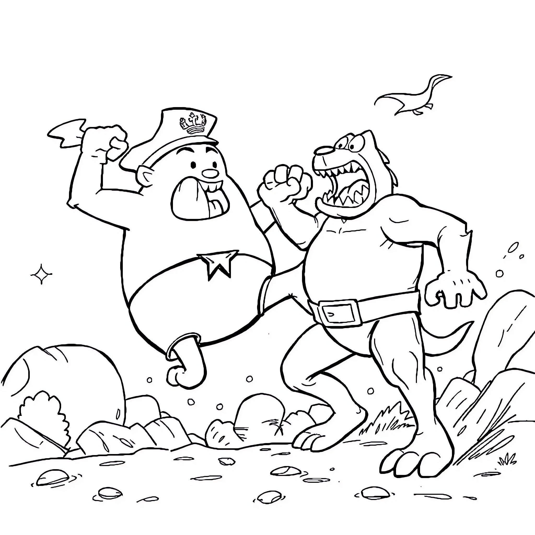Captain Underpants' Encounter with a Ferocious Beast Coloring Page (free black-and-white line drawing printable PDF for all, from beginners to advanced learners, including children, teens, adults, and seniors)