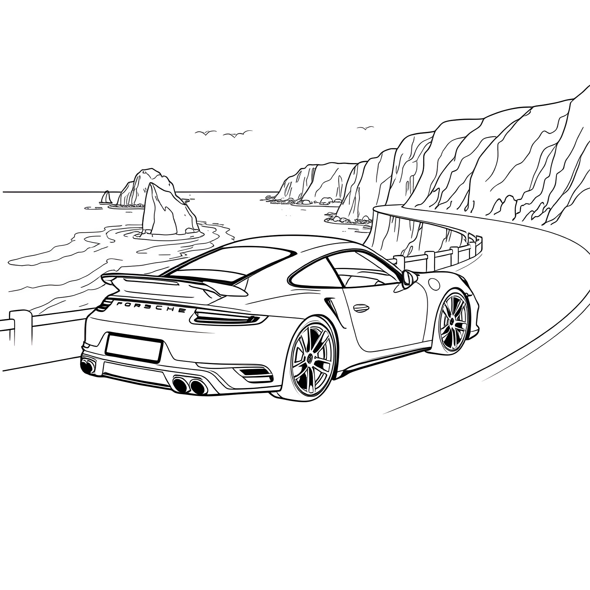 Porsche sports car driving on coastal road Coloring Page (free black-and-white line drawing printable PDF for all, from beginners to advanced learners, including children, teens, adults, and seniors)