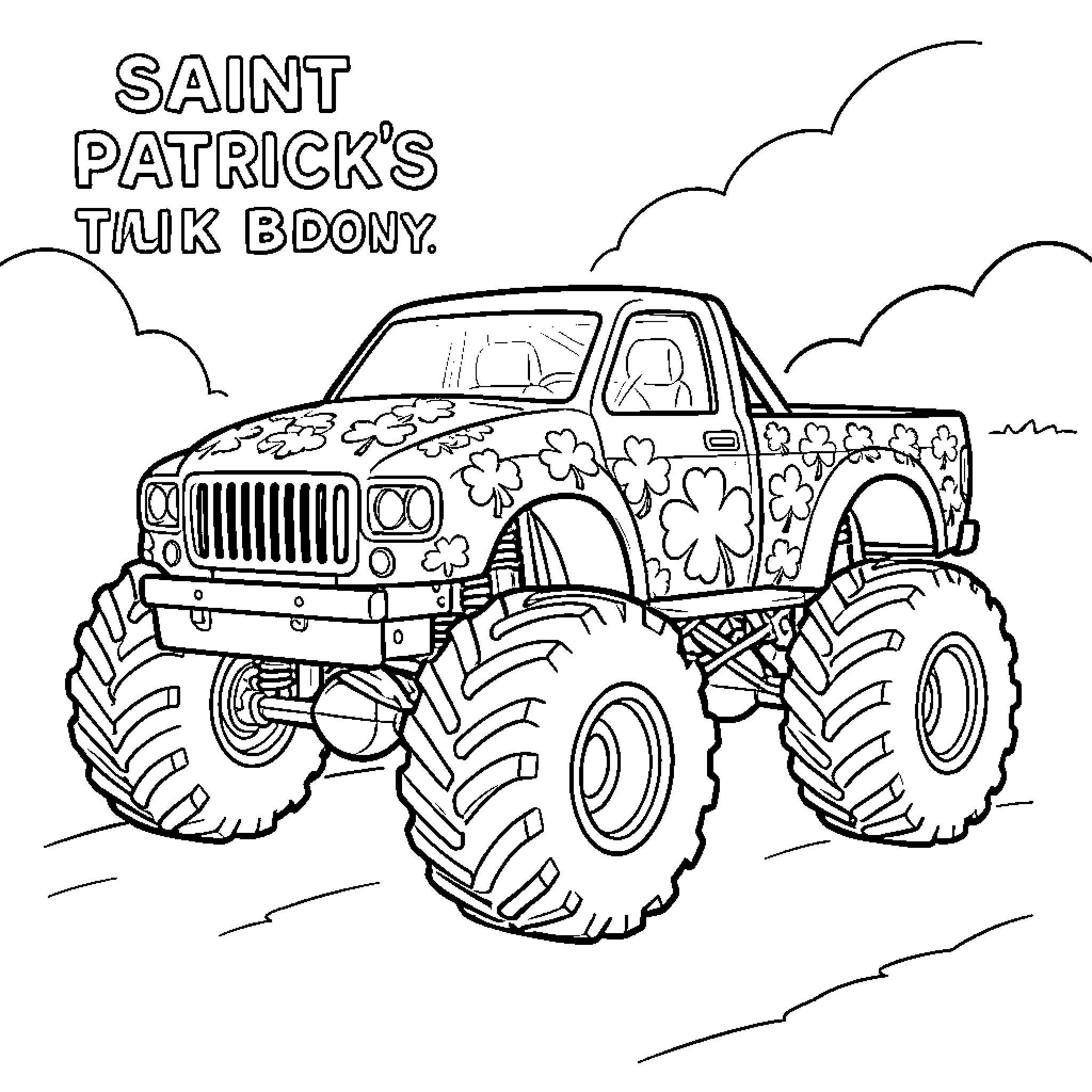 Monster Truck Roaring through Shamrock-Covered Field Coloring Page (free black-and-white line drawing printable PDF for all, from beginners to advanced learners, including children, teens, adults, and seniors)