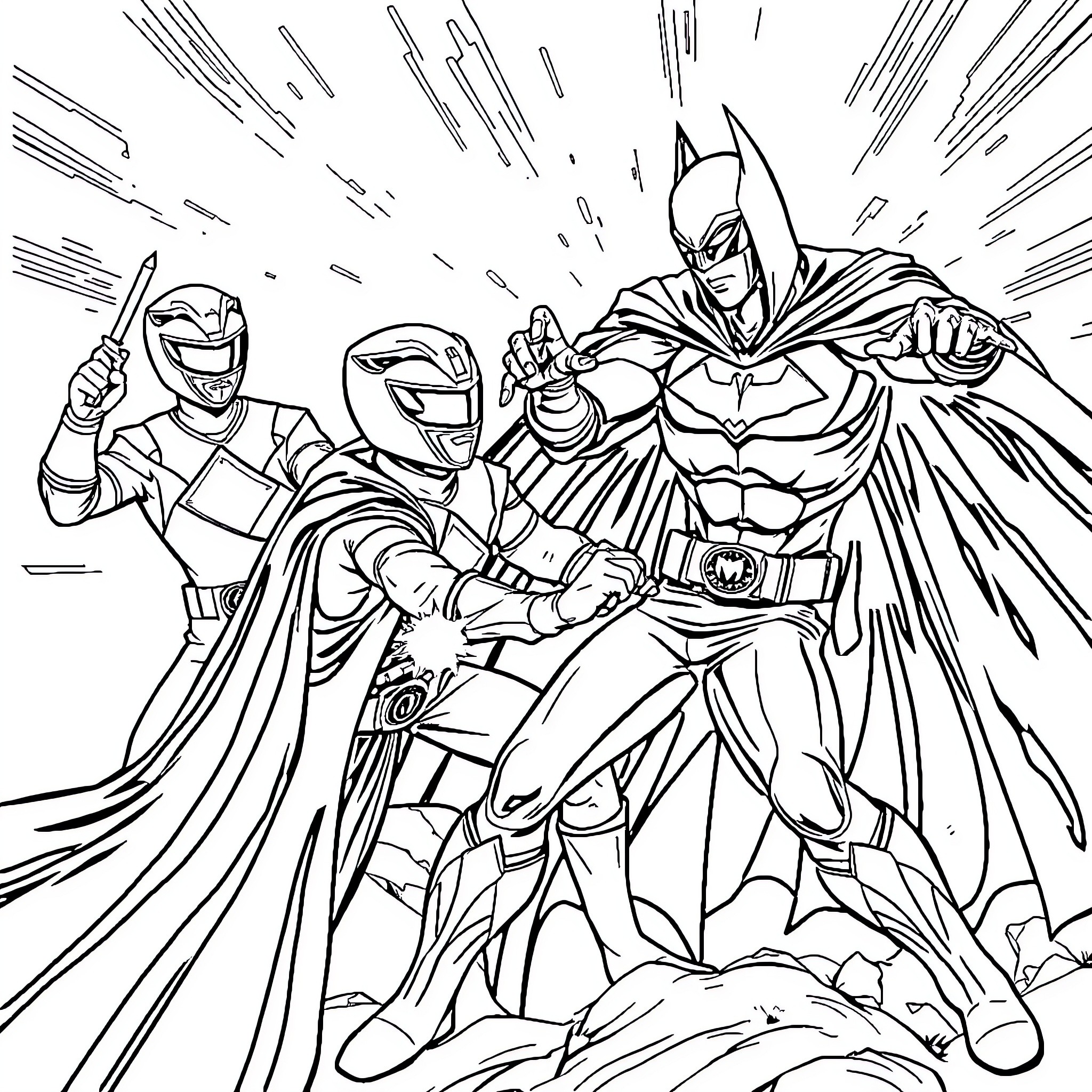 Power Rangers Heroic Showdown in the Midst of Action Coloring Page (free black-and-white line drawing printable PDF for all, from beginners to advanced learners, including children, teens, adults, and seniors)
