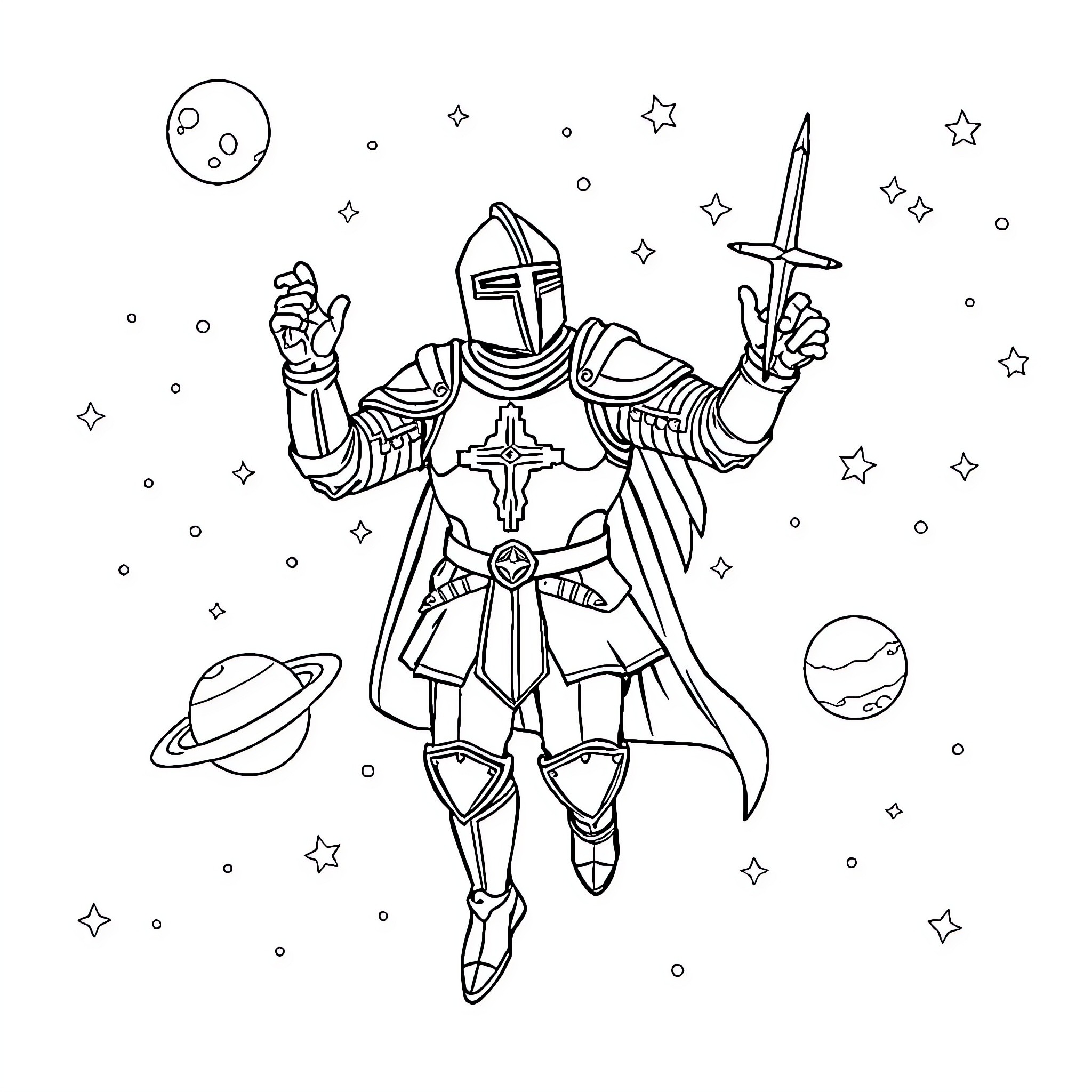 Knight exploring the cosmic universe Coloring Page (free black-and-white line drawing printable PDF for all, from beginners to advanced learners, including children, teens, adults, and seniors)