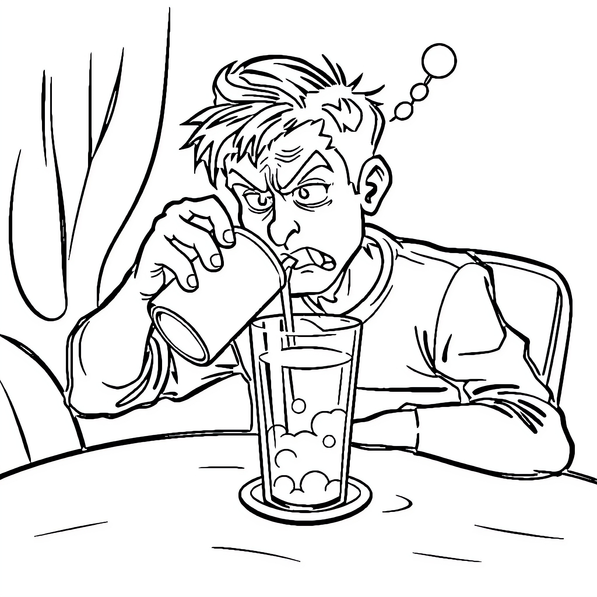 Person enjoying a beverage with a thoughtful expression Coloring Page (free black-and-white line drawing printable PDF for all, from beginners to advanced learners, including children, teens, adults, and seniors)