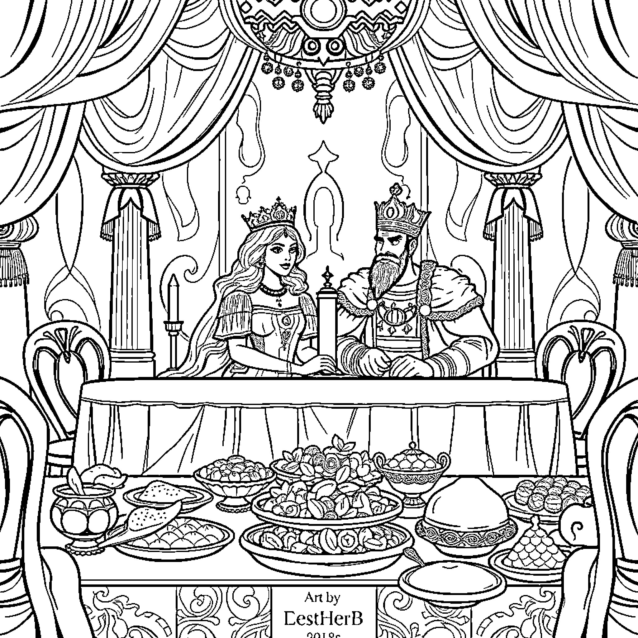 Queen Esther's Feast with the King Coloring Page (free black-and-white line drawing printable PDF for all, from beginners to advanced learners, including children, teens, adults, and seniors)