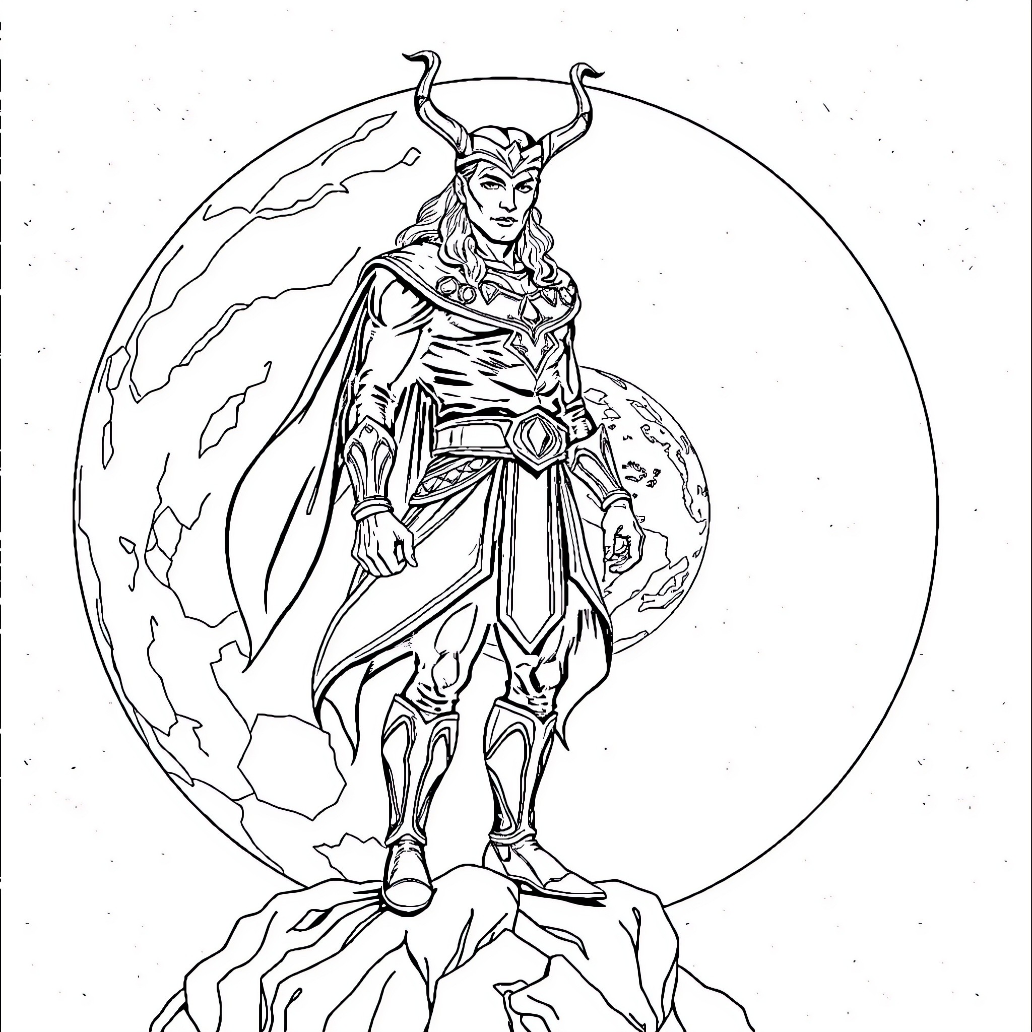 Loki, the Trickster God, Stands Atop the World Coloring Page (free black-and-white line drawing printable PDF for all, from beginners to advanced learners, including children, teens, adults, and seniors)