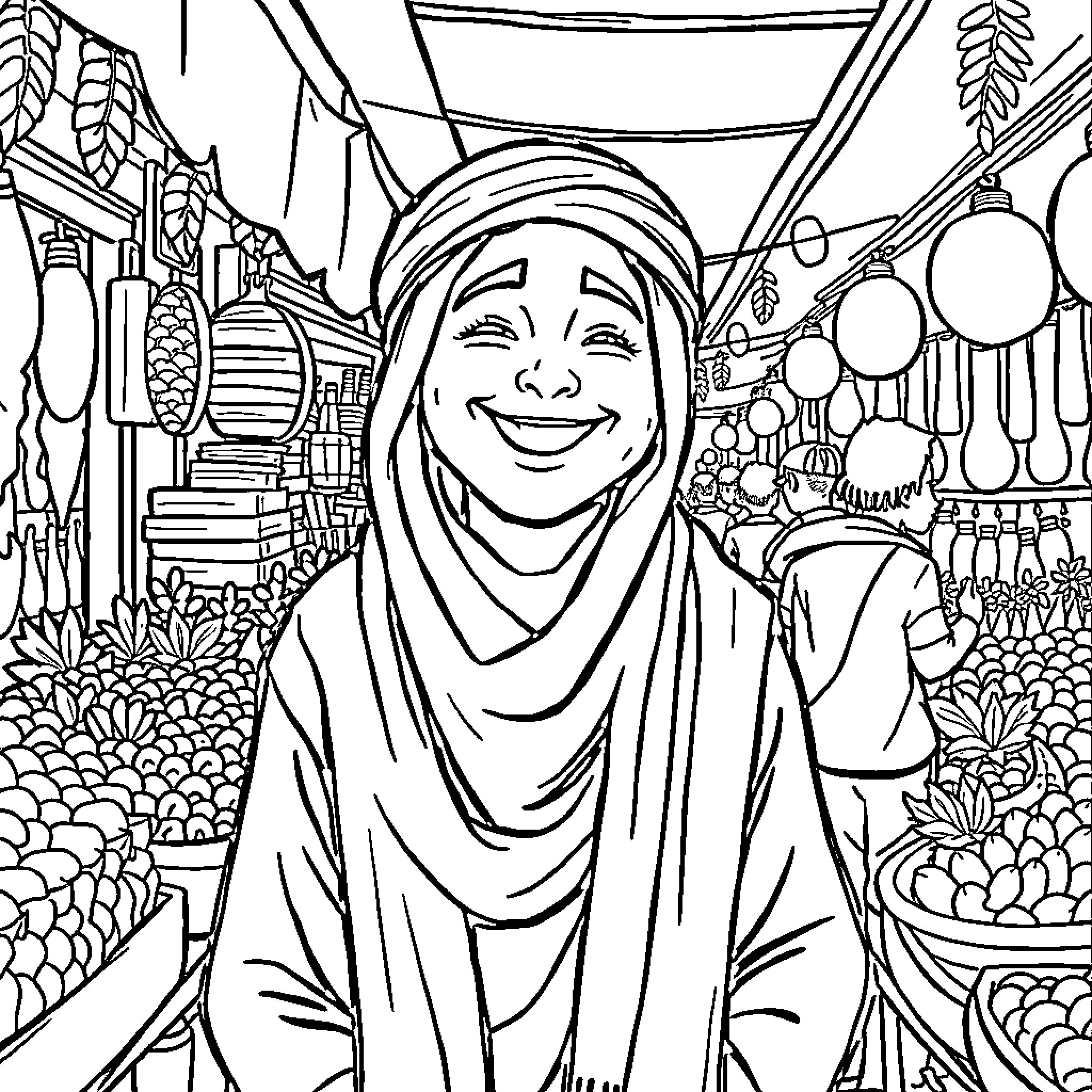 ROUMI Smiling woman in traditional market scene Coloring Page (free black-and-white line drawing printable PDF for all, from beginners to advanced learners, including children, teens, adults, and seniors)
