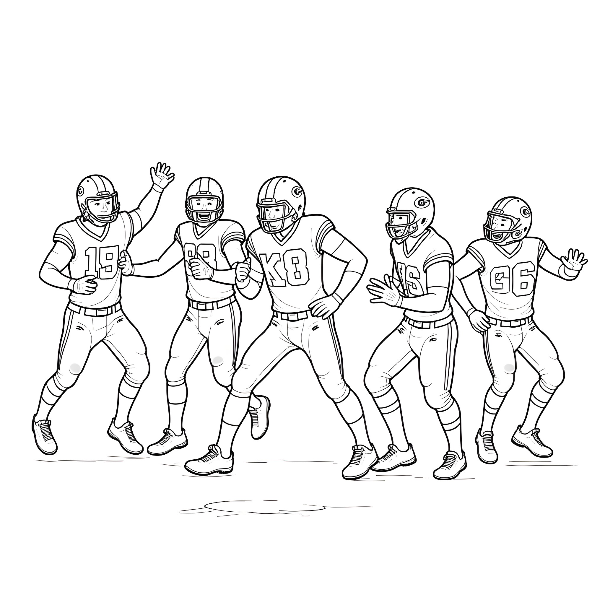 Chiefs players in action poses Coloring Page (free black-and-white line drawing printable PDF for all, from beginners to advanced learners, including children, teens, adults, and seniors)