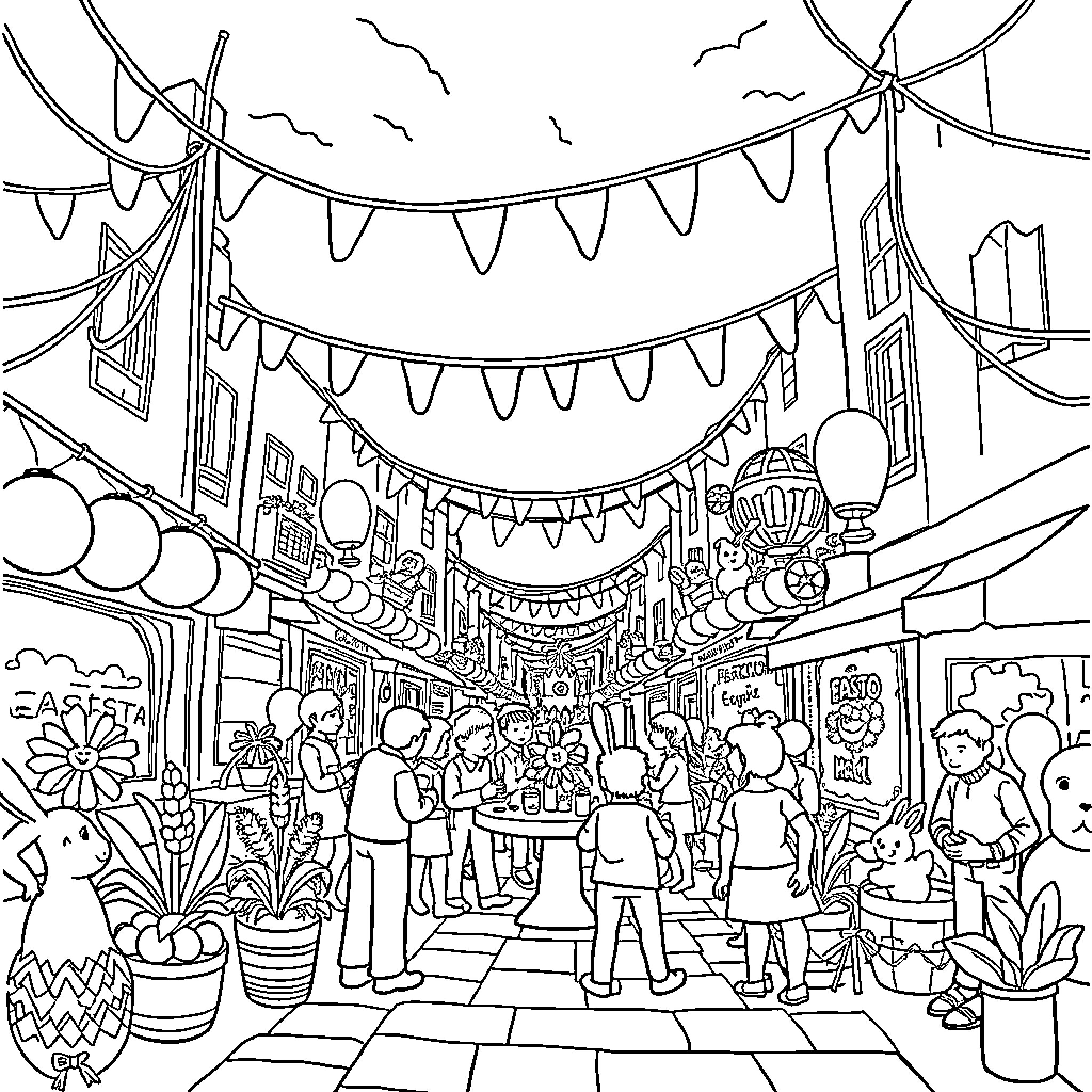 Easter Celebrations in a Lively Market Scene Coloring Page (free black-and-white line drawing printable PDF for all, from beginners to advanced learners, including children, teens, adults, and seniors)