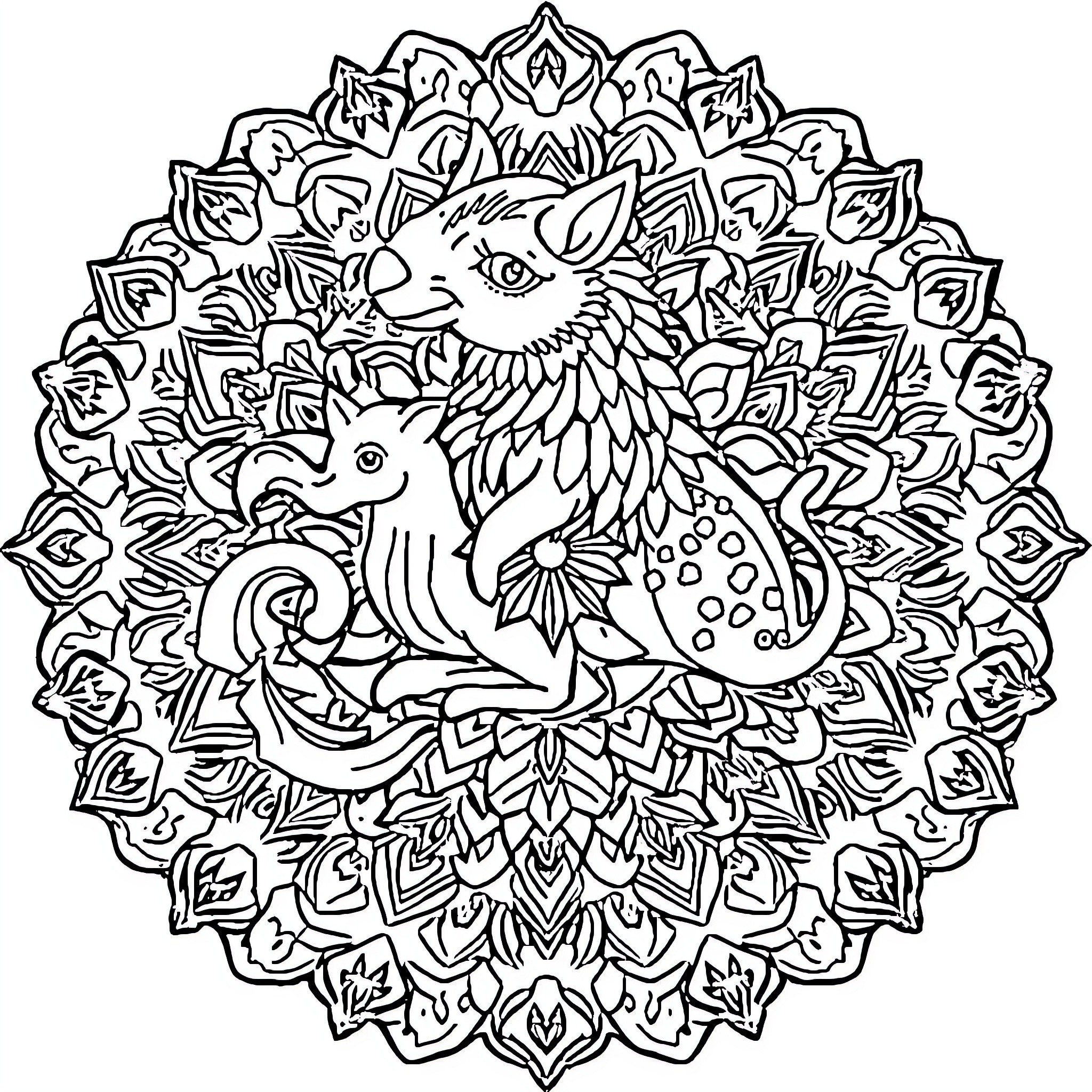 Mandala with fantastical creatures and intricate patterns Coloring Page (free black-and-white line drawing printable PDF for all, from beginners to advanced learners, including children, teens, adults, and seniors)