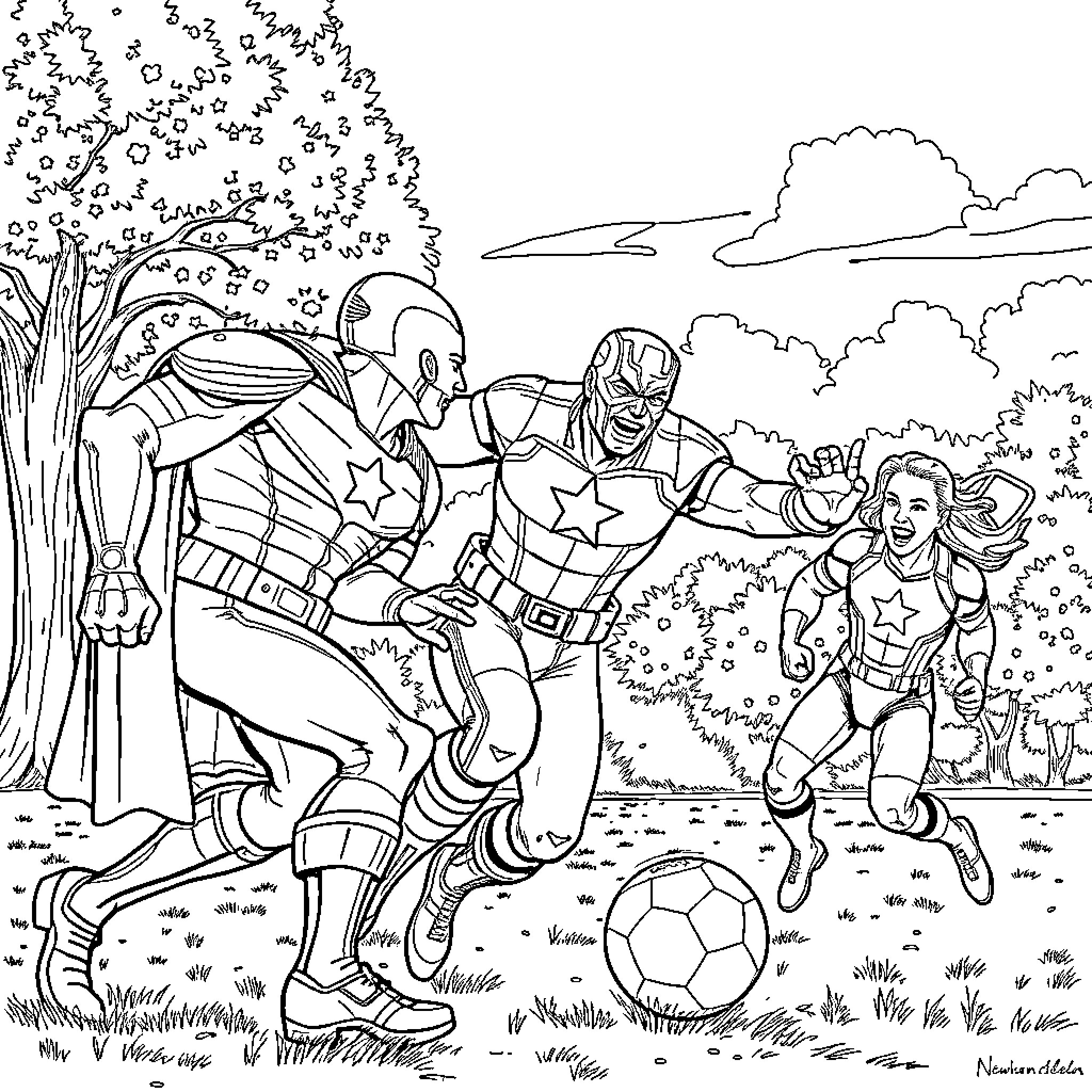 Avengers in an Outdoor Adventure Coloring Page (free black-and-white line drawing printable PDF for all, from beginners to advanced learners, including children, teens, adults, and seniors)