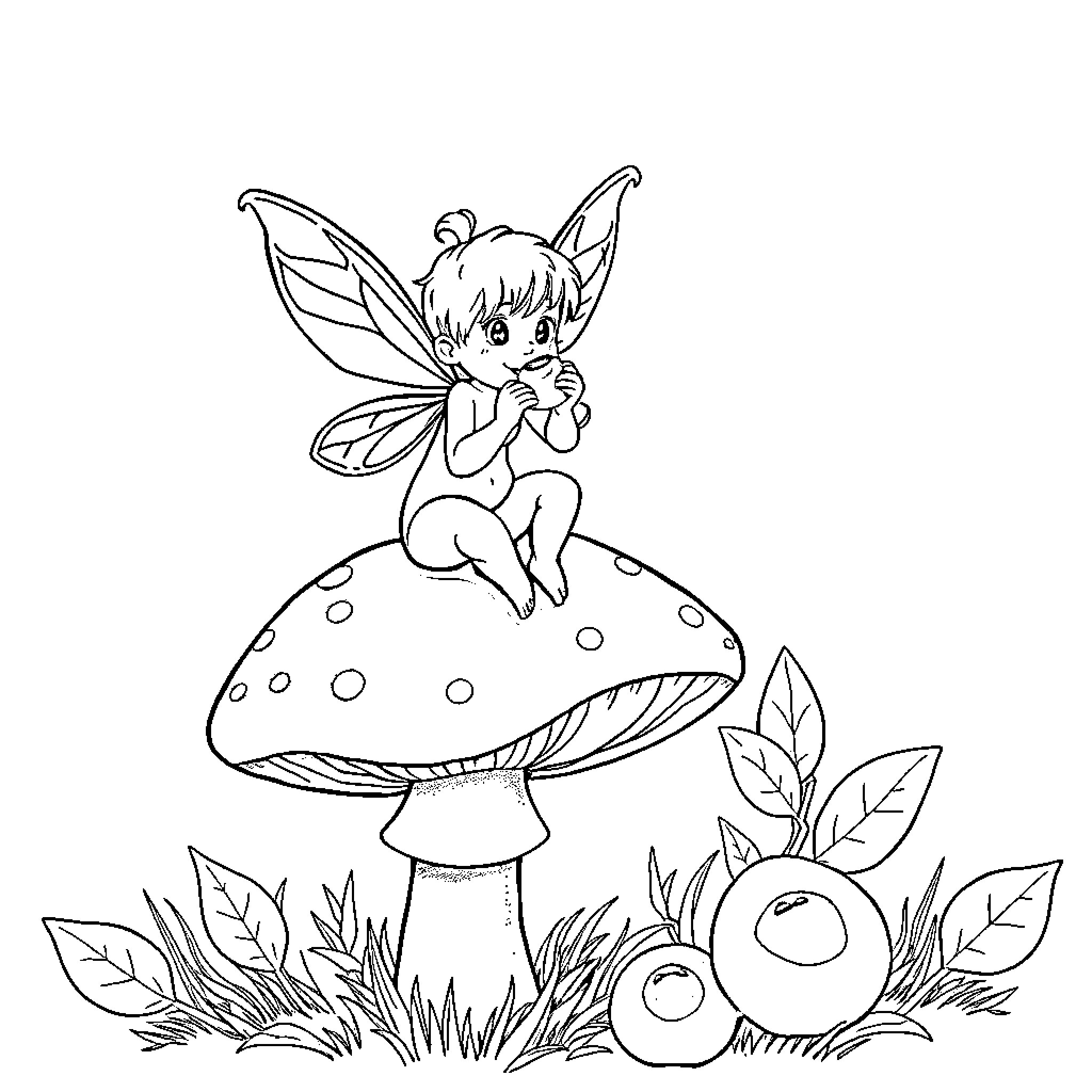 Fairy resting on a magical mushroom Coloring Page (free black-and-white line drawing printable PDF for all, from beginners to advanced learners, including children, teens, adults, and seniors)