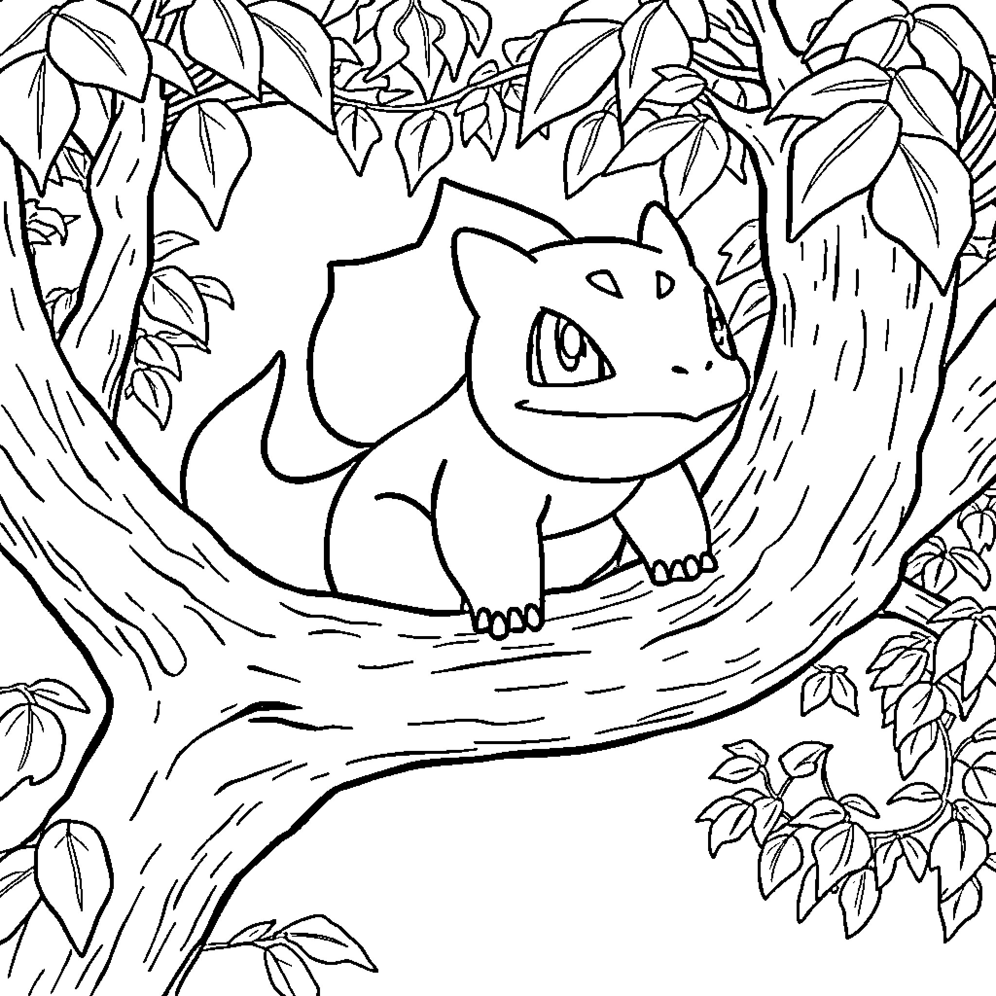 Bulbasaur exploring the lush forest surroundings Coloring Page (free black-and-white line drawing printable PDF for all, from beginners to advanced learners, including children, teens, adults, and seniors)