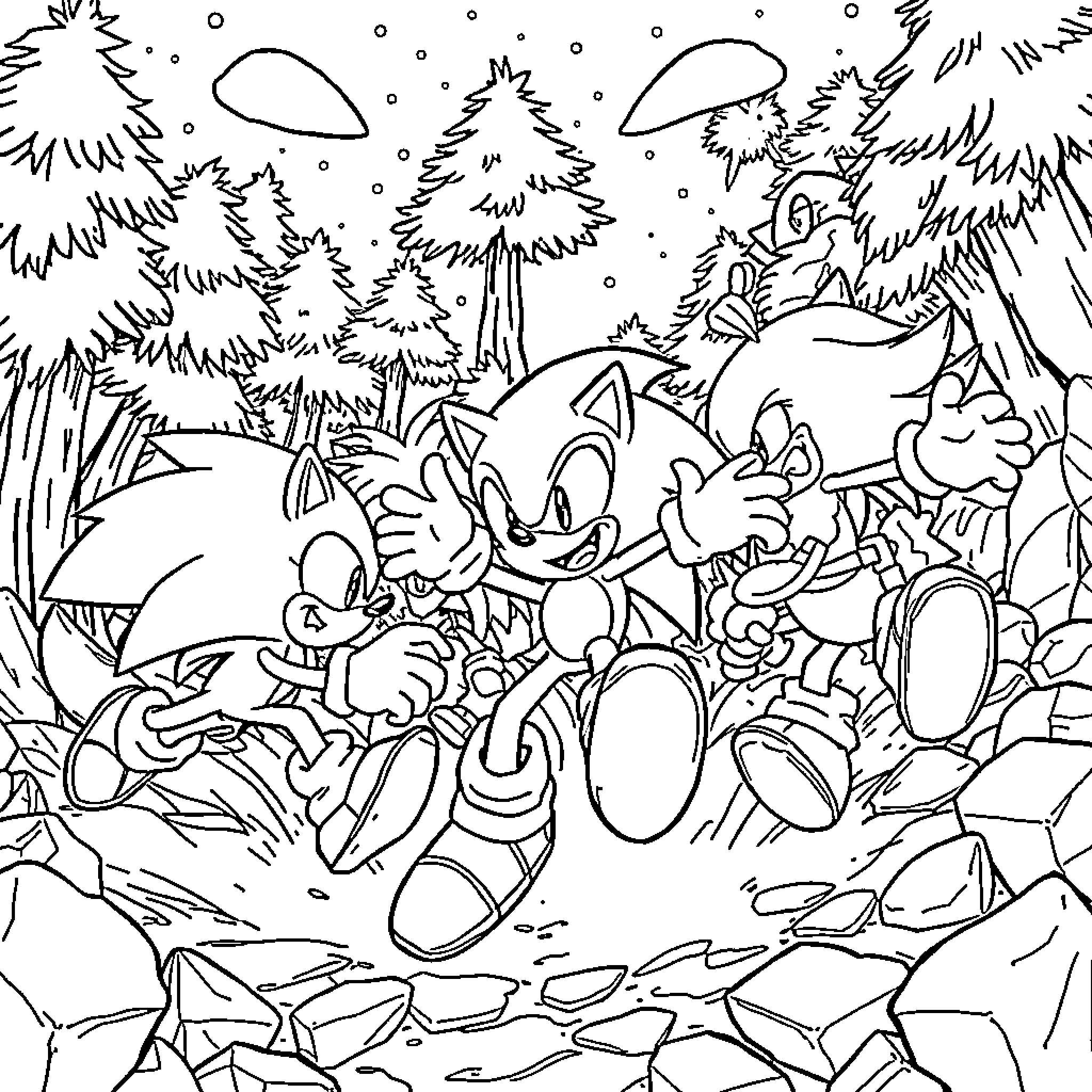 Sonic characters in winter adventure Coloring Page (free black-and-white line drawing printable PDF for all, from beginners to advanced learners, including children, teens, adults, and seniors)