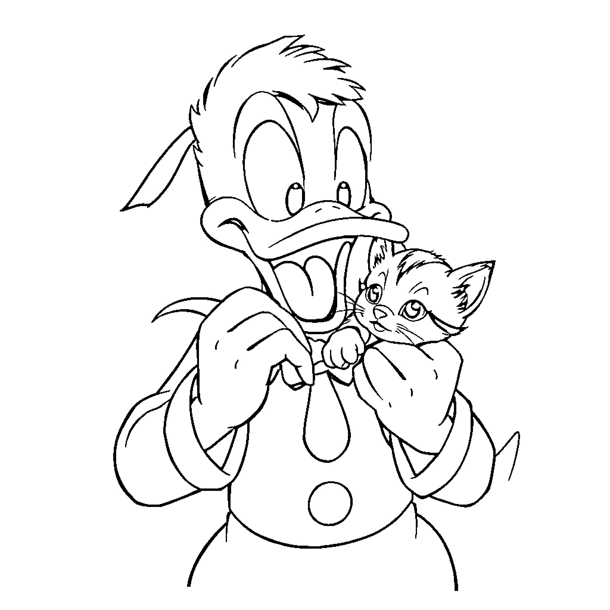 Donald Trip Helping a Kitten Coloring Page (free black-and-white line drawing printable PDF for all, from beginners to advanced learners, including children, teens, adults, and seniors)
