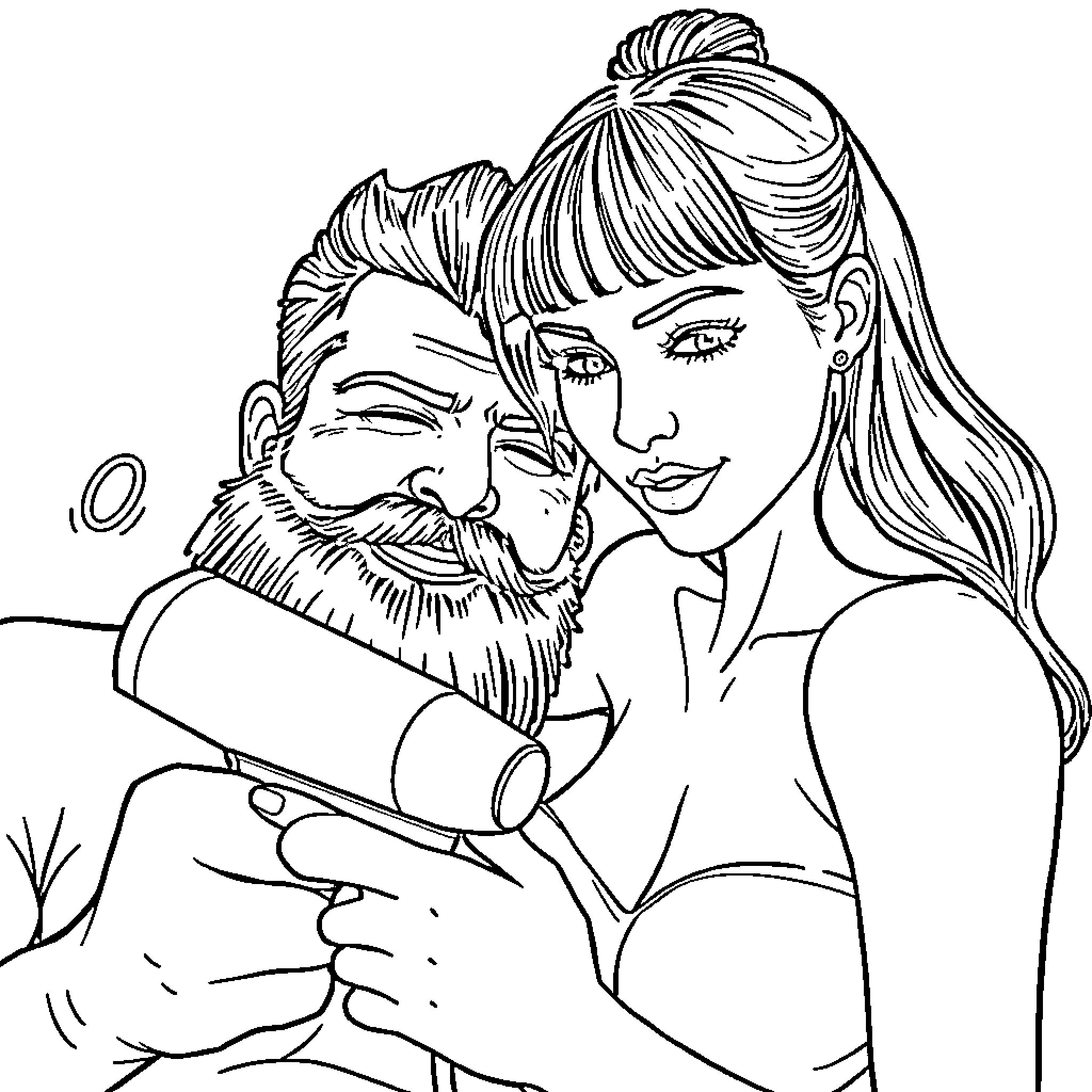 Man with Beard Embracing Woman with Long Hair Coloring Page (free black-and-white line drawing printable PDF for all, from beginners to advanced learners, including children, teens, adults, and seniors)
