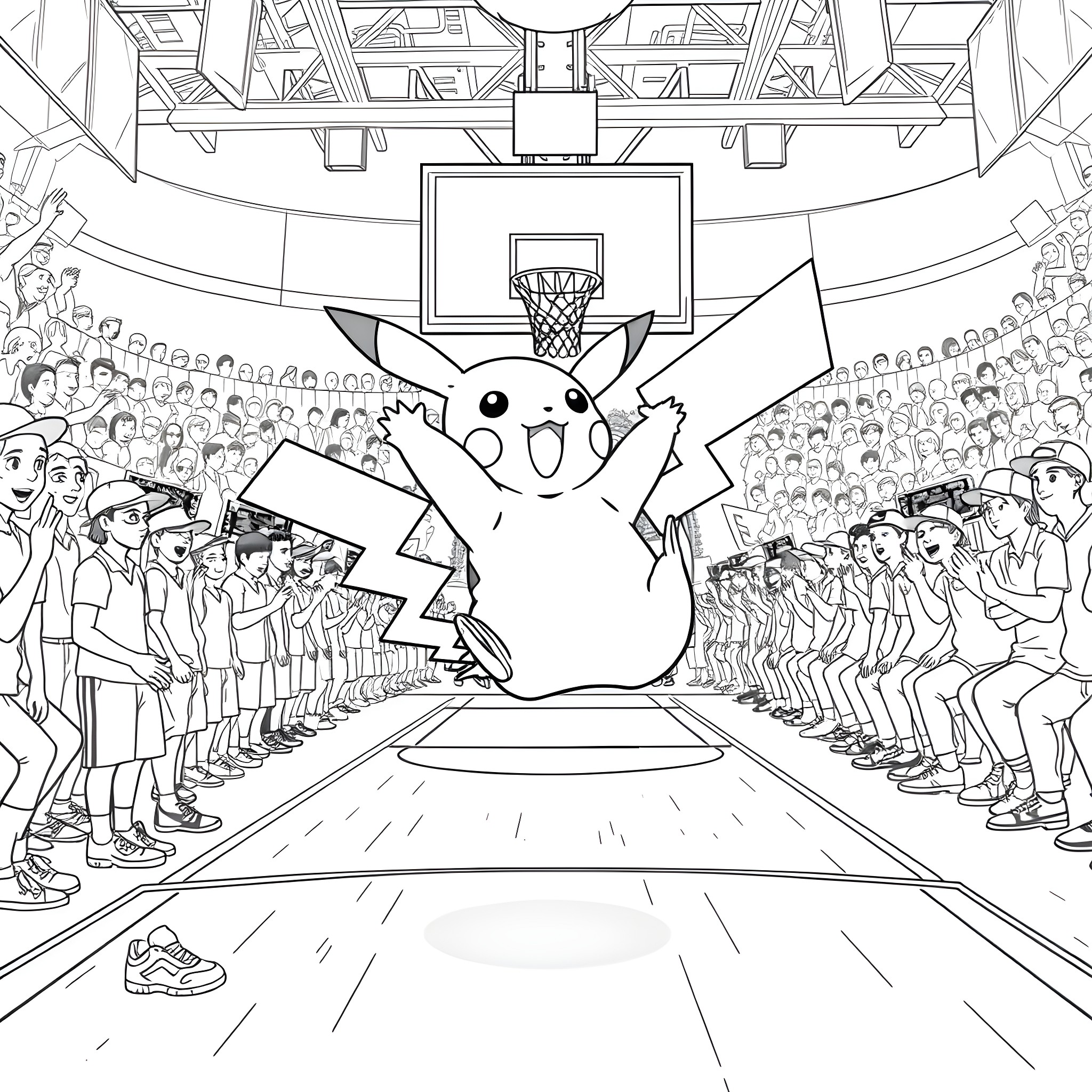 Pikachu Electrifying the Basketball Court Coloring Page (free black-and-white line drawing printable PDF for all, from beginners to advanced learners, including children, teens, adults, and seniors)