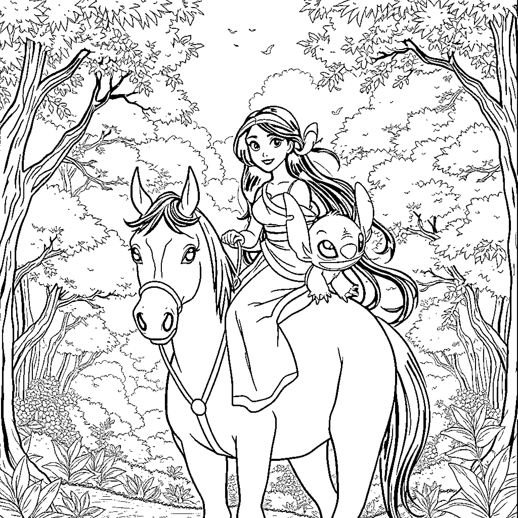 Mulan riding a horse in a forest Coloring Page (free black-and-white line drawing printable PDF for all, from beginners to advanced learners, including children, teens, adults, and seniors)
