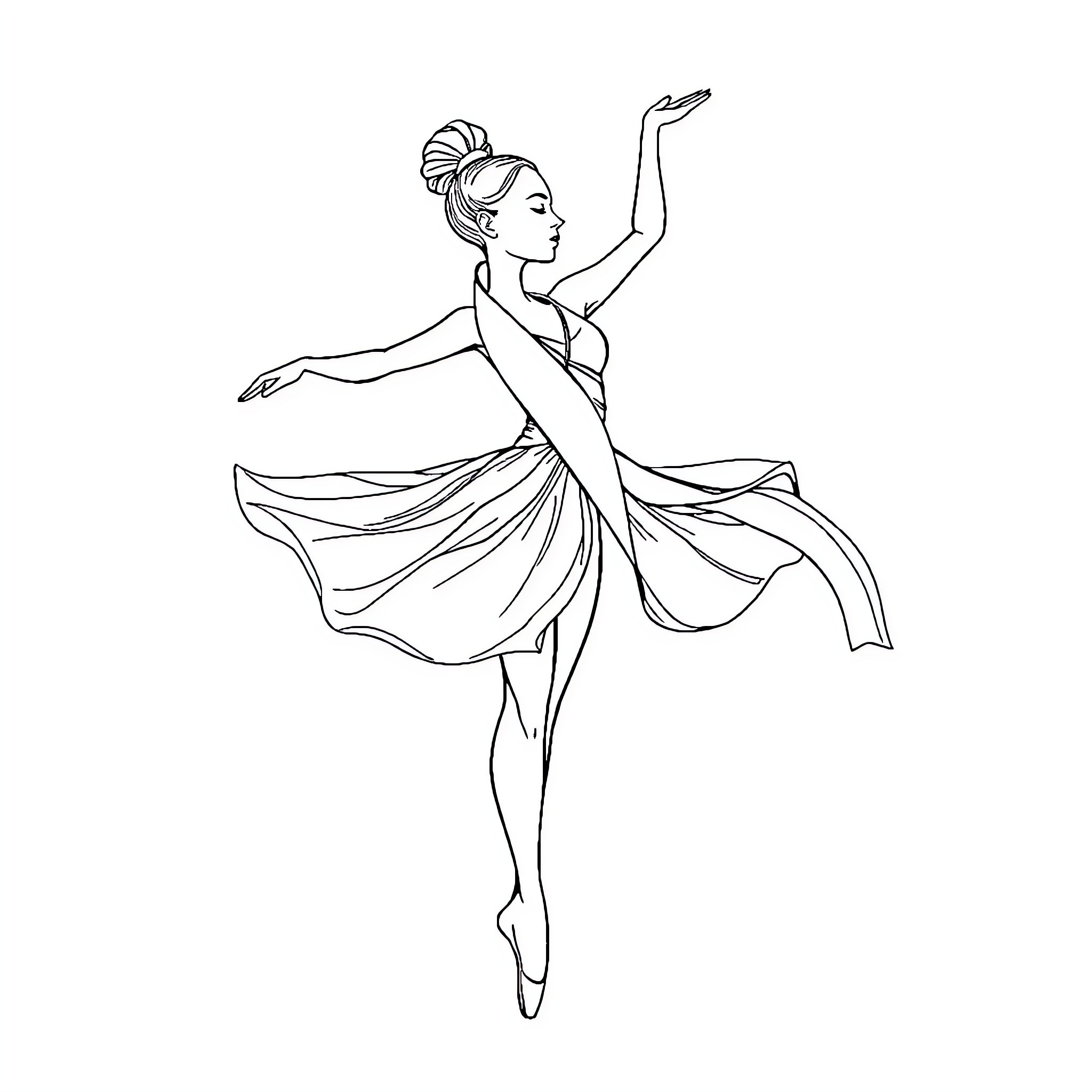 Ballerina Gracefully Dancing on Tiptoes Coloring Page (free black-and-white line drawing printable PDF for all, from beginners to advanced learners, including children, teens, adults, and seniors)