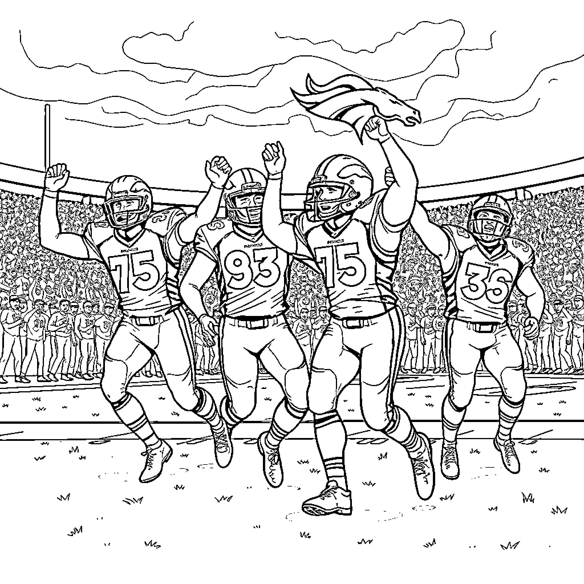 Bronco Players Celebrating Victory on the Field Coloring Page (free black-and-white line drawing printable PDF for all, from beginners to advanced learners, including children, teens, adults, and seniors)