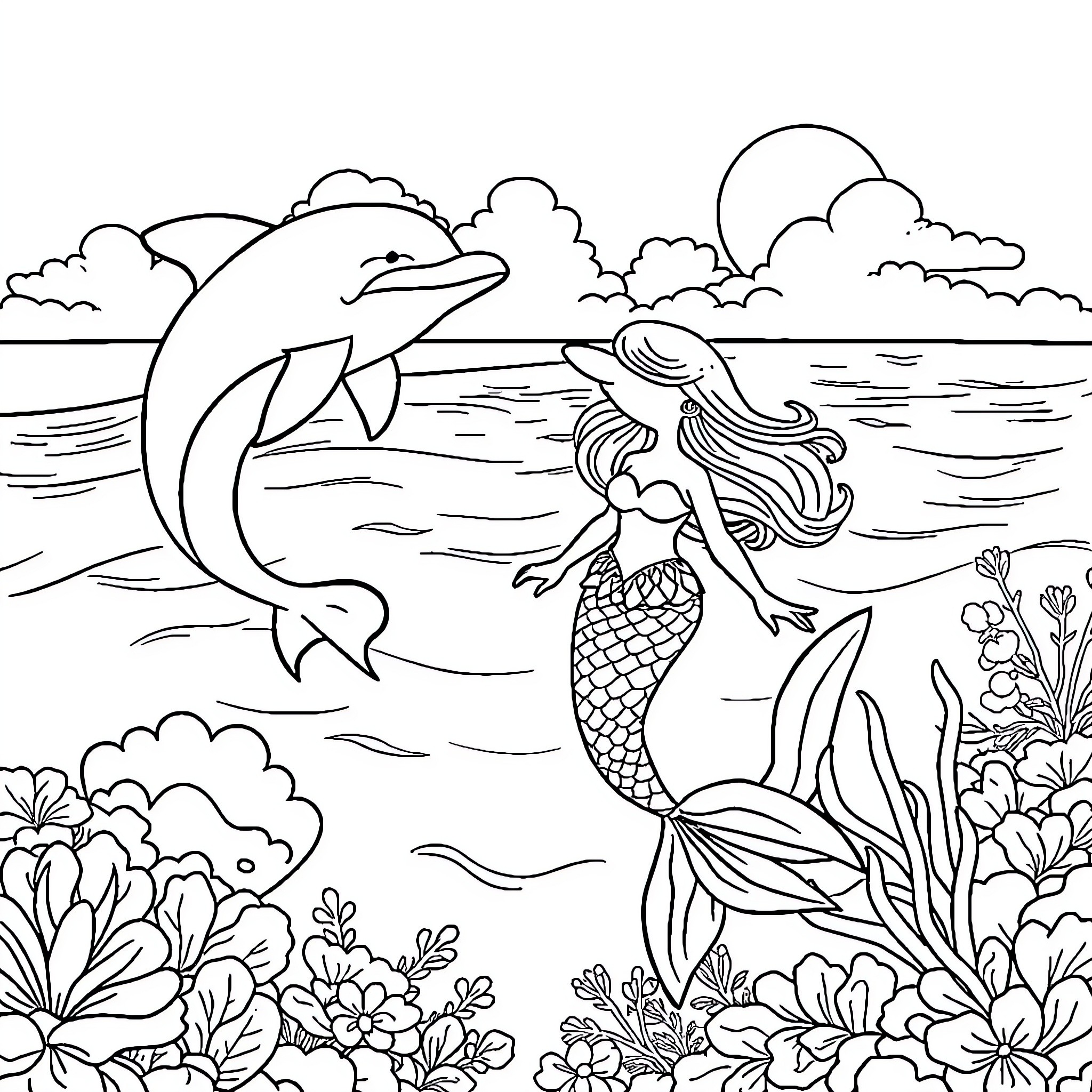 Mermaid dancing with dolphins in the sea Coloring Page (free black-and-white line drawing printable PDF for all, from beginners to advanced learners, including children, teens, adults, and seniors)