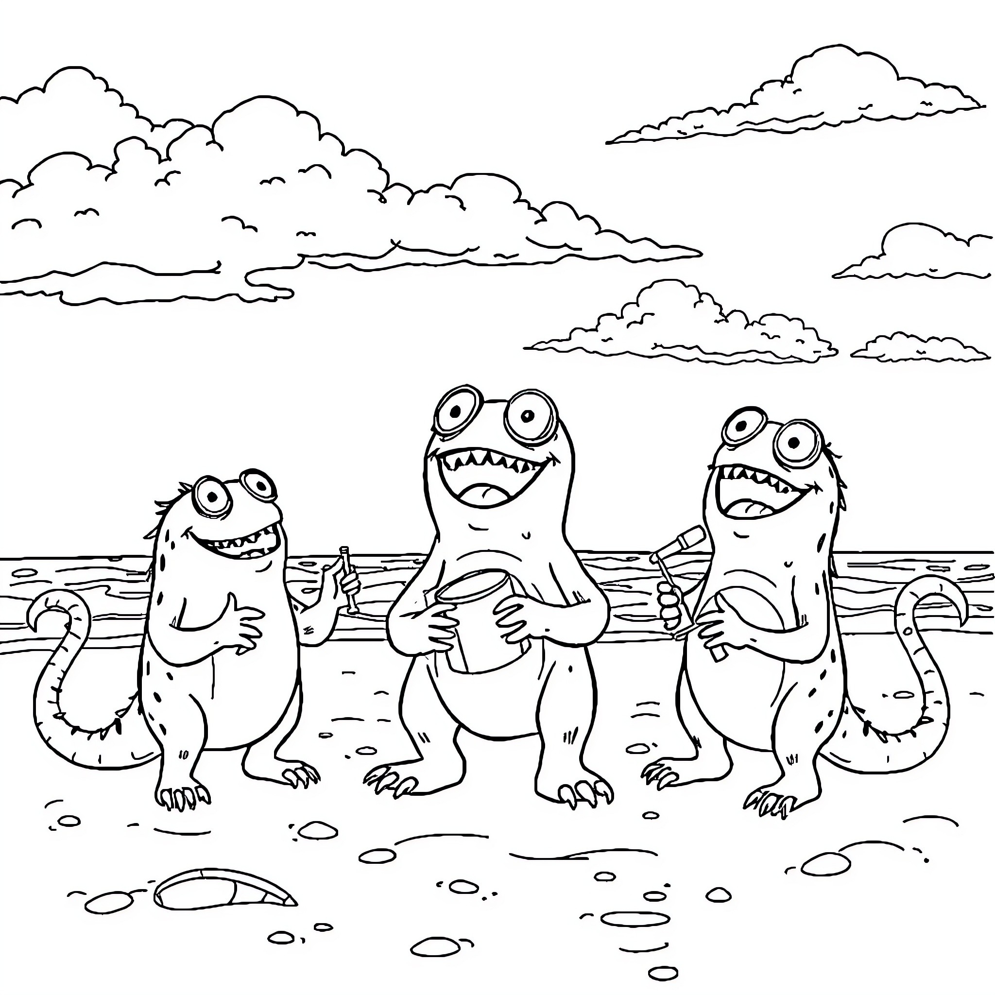 Monster friends having fun at the beach Coloring Page (free black-and-white line drawing printable PDF for all, from beginners to advanced learners, including children, teens, adults, and seniors)