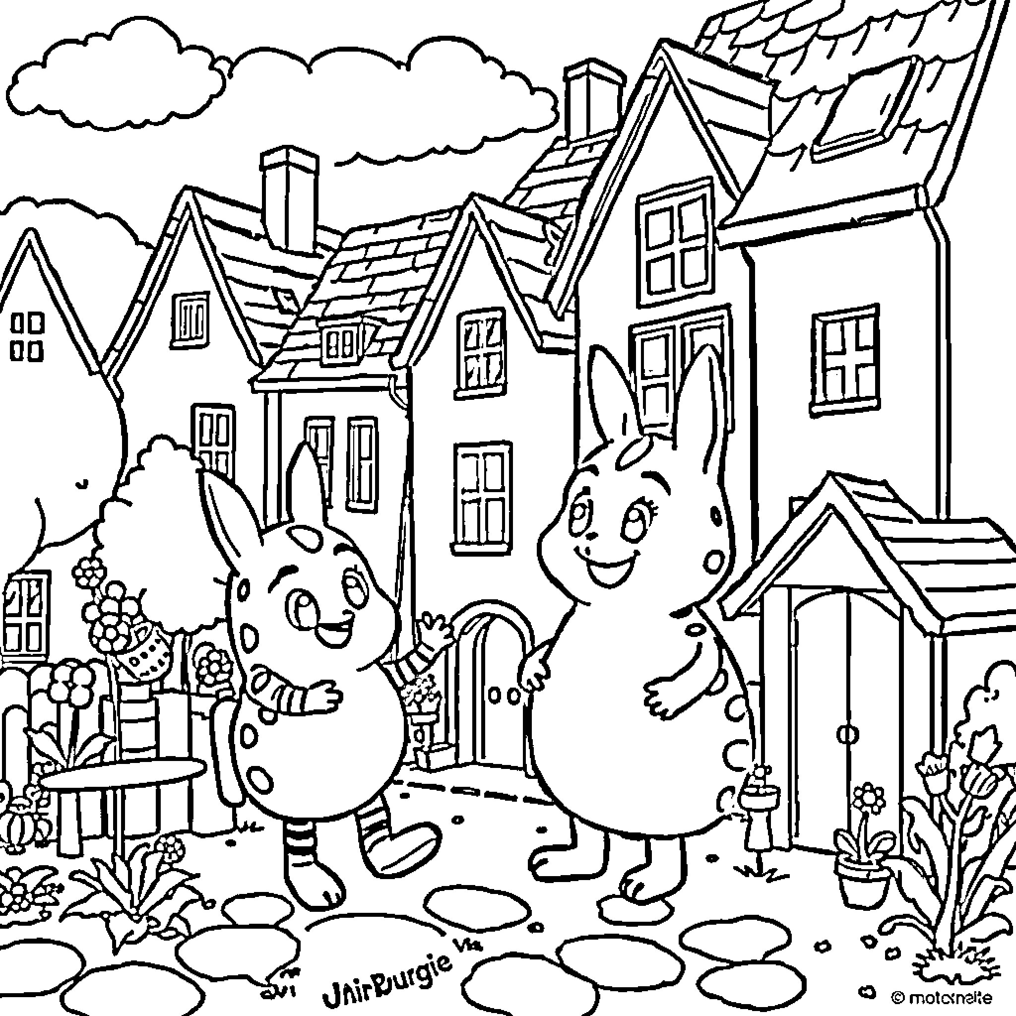 Oui-oui rabbits playing in the charming town Coloring Page (free black-and-white line drawing printable PDF for all, from beginners to advanced learners, including children, teens, adults, and seniors)