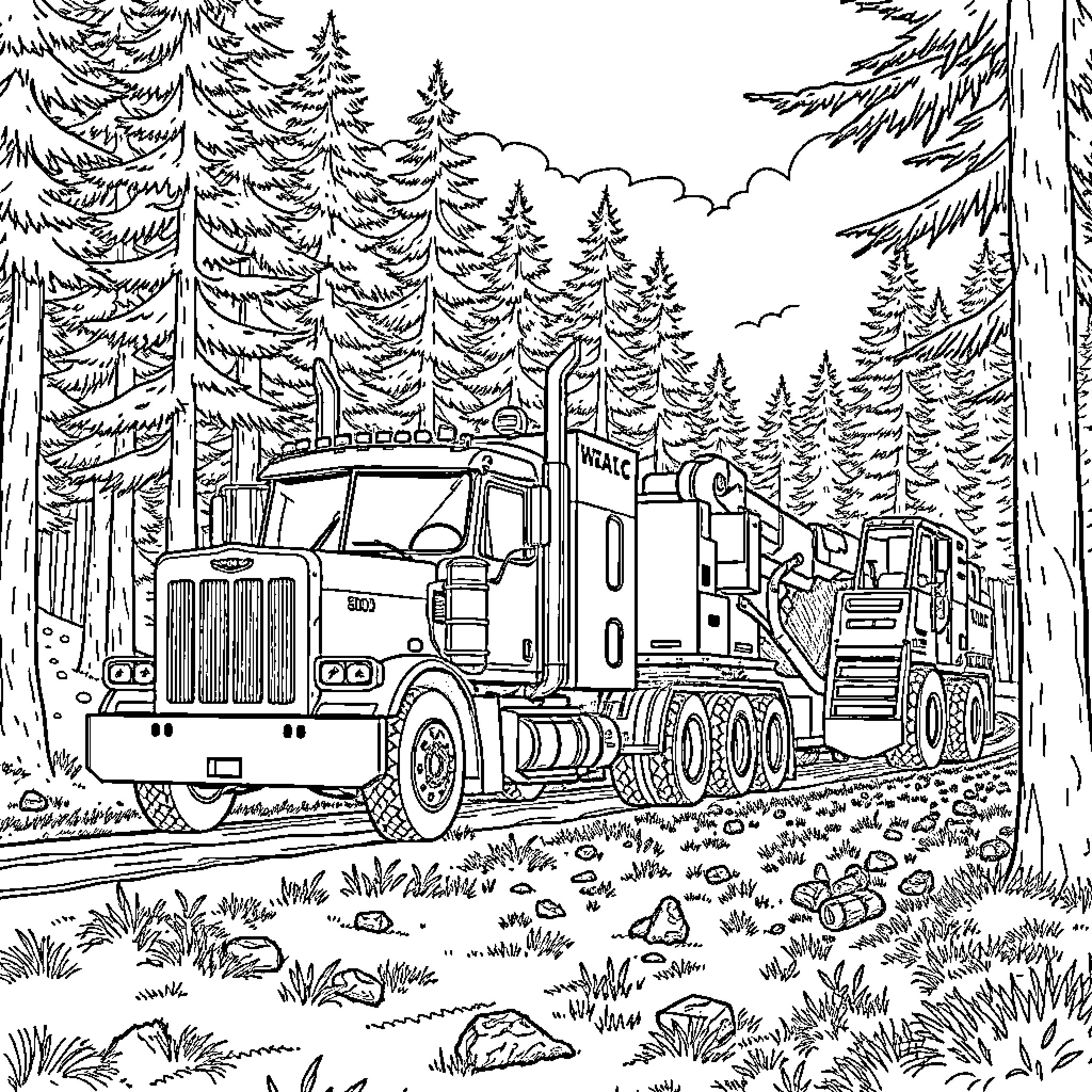 Truck hauling logs through a snowy forest Coloring Page (free black-and-white line drawing printable PDF for all, from beginners to advanced learners, including children, teens, adults, and seniors)