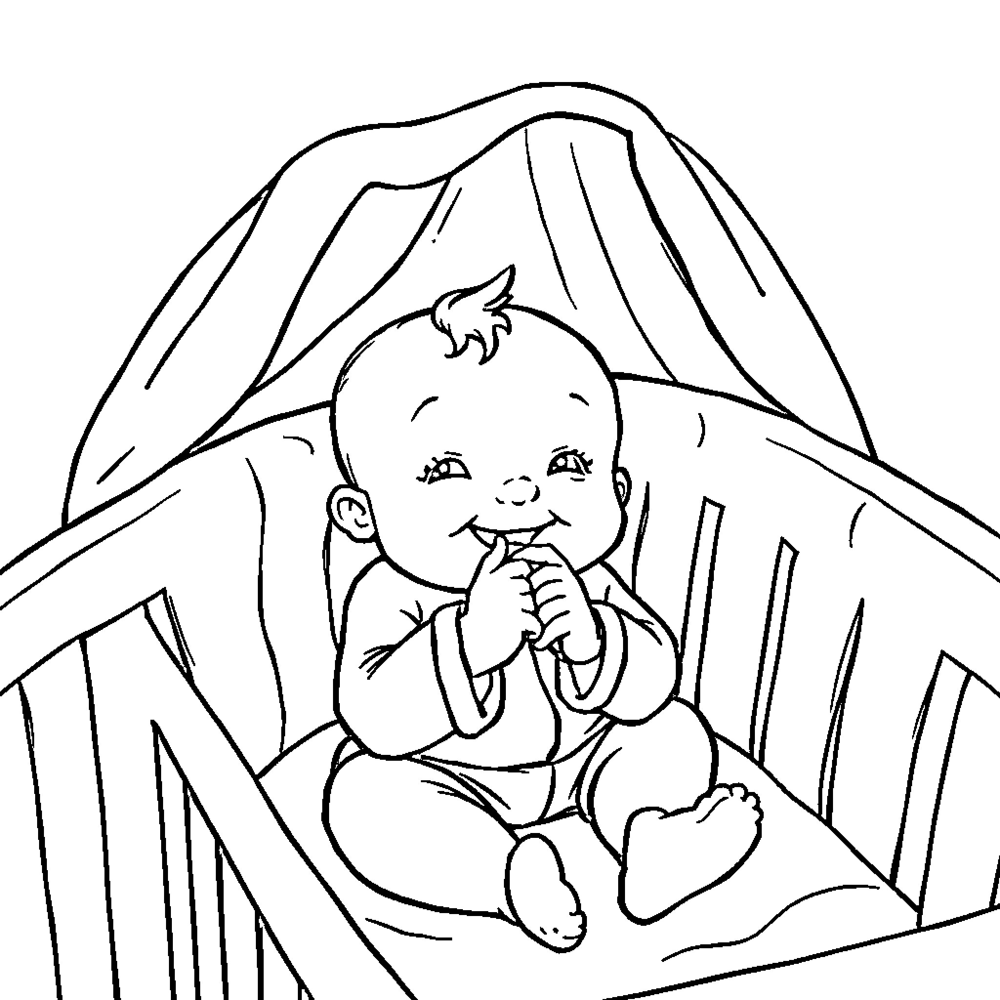 Baby resting peacefully in crib Coloring Page (free black-and-white line drawing printable PDF for all, from beginners to advanced learners, including children, teens, adults, and seniors)