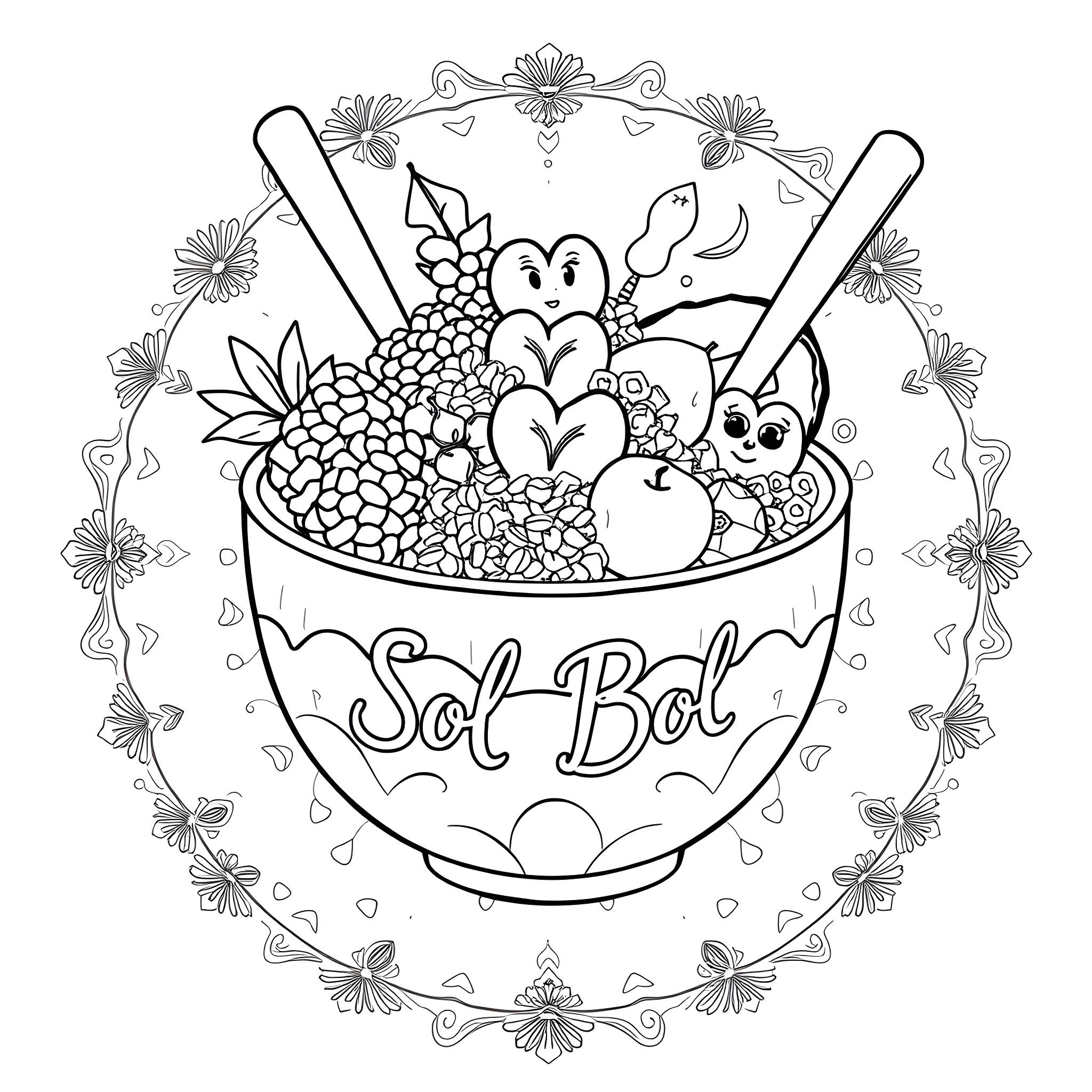 Acai Bowl with Cute Cartoon Characters Coloring Page (free black-and-white line drawing printable PDF for all, from beginners to advanced learners, including children, teens, adults, and seniors)