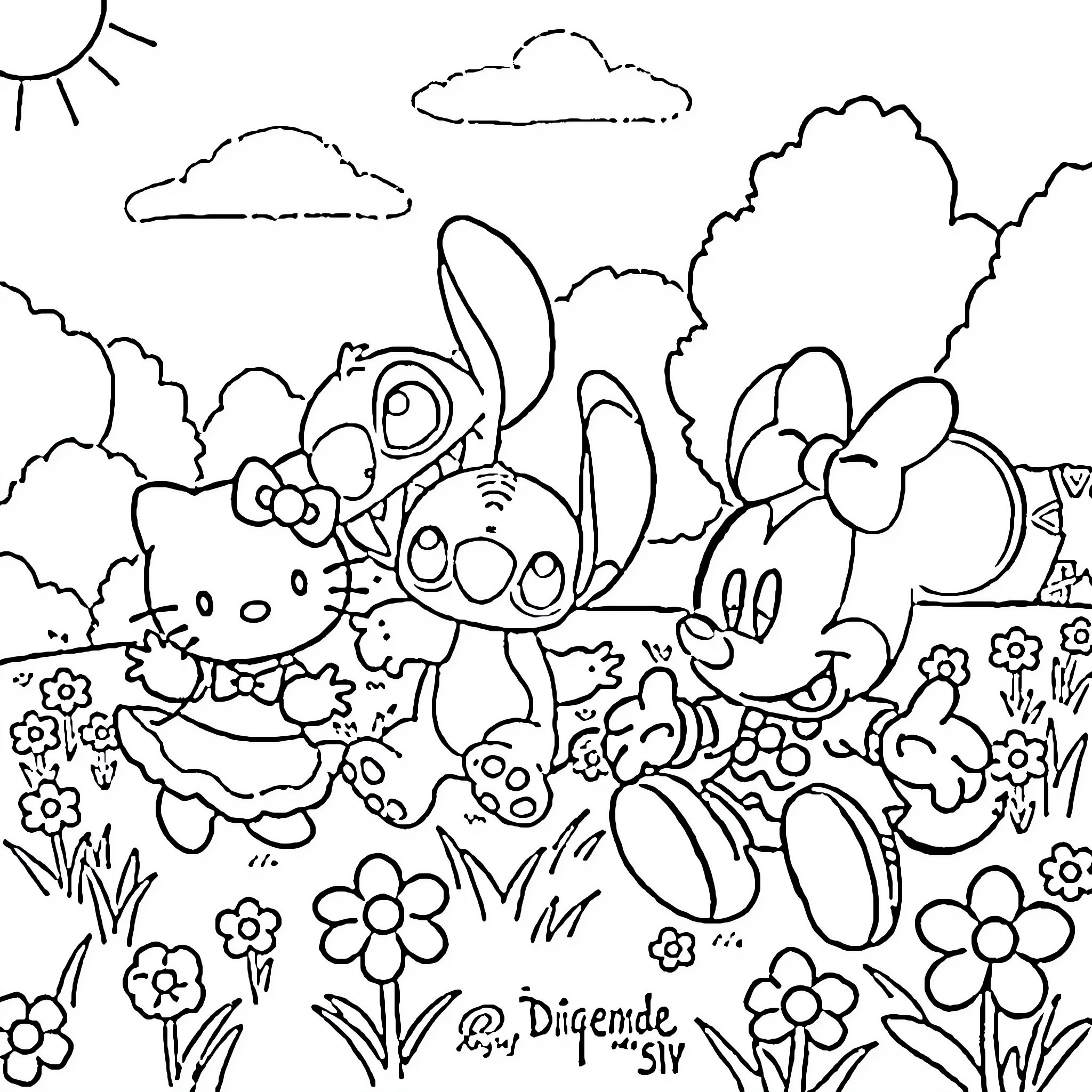 Character animals playing in a floral garden Coloring Page (free black-and-white line drawing printable PDF for all, from beginners to advanced learners, including children, teens, adults, and seniors)