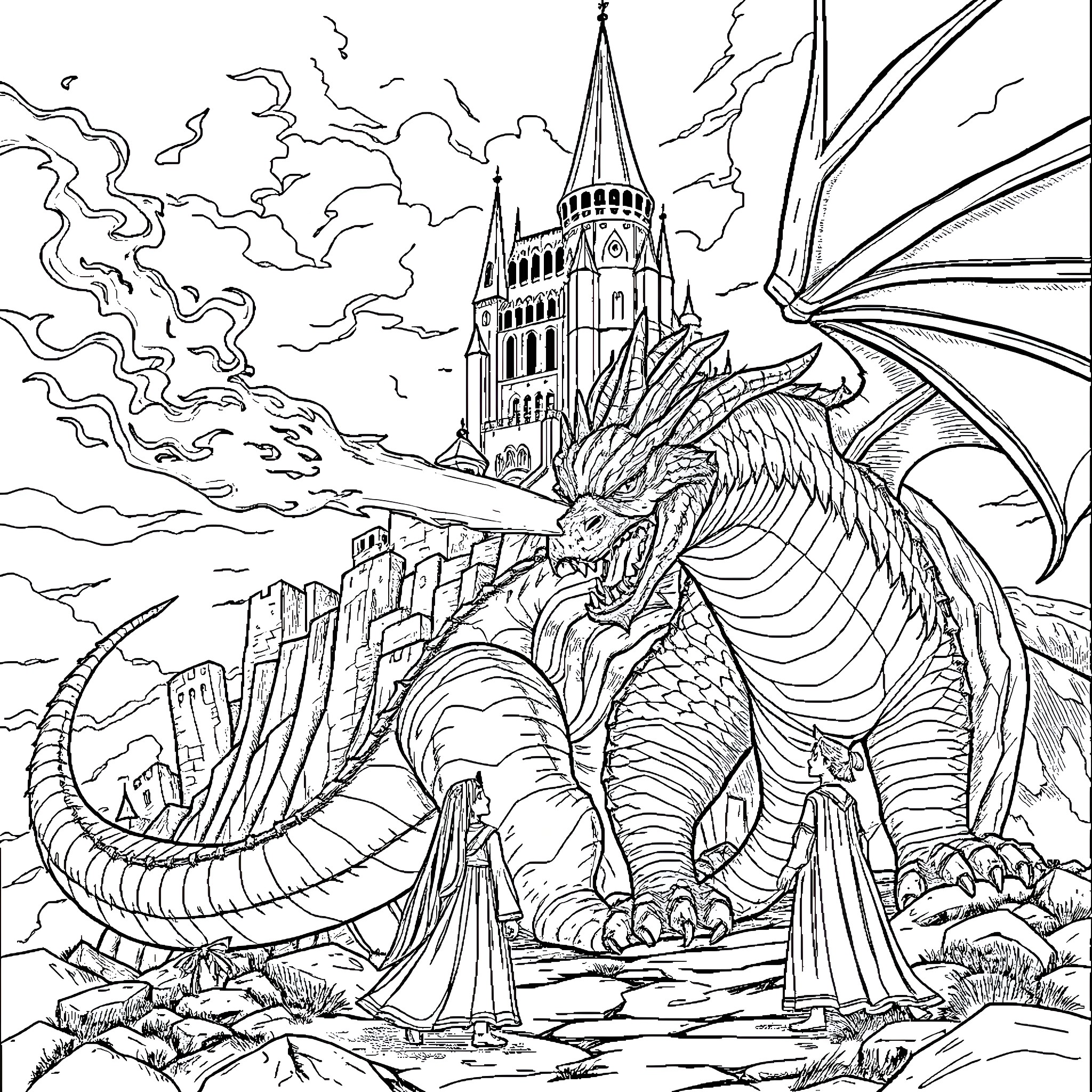 Dragon guarding a medieval castle Coloring Page (free black-and-white line drawing printable PDF for all, from beginners to advanced learners, including children, teens, adults, and seniors)